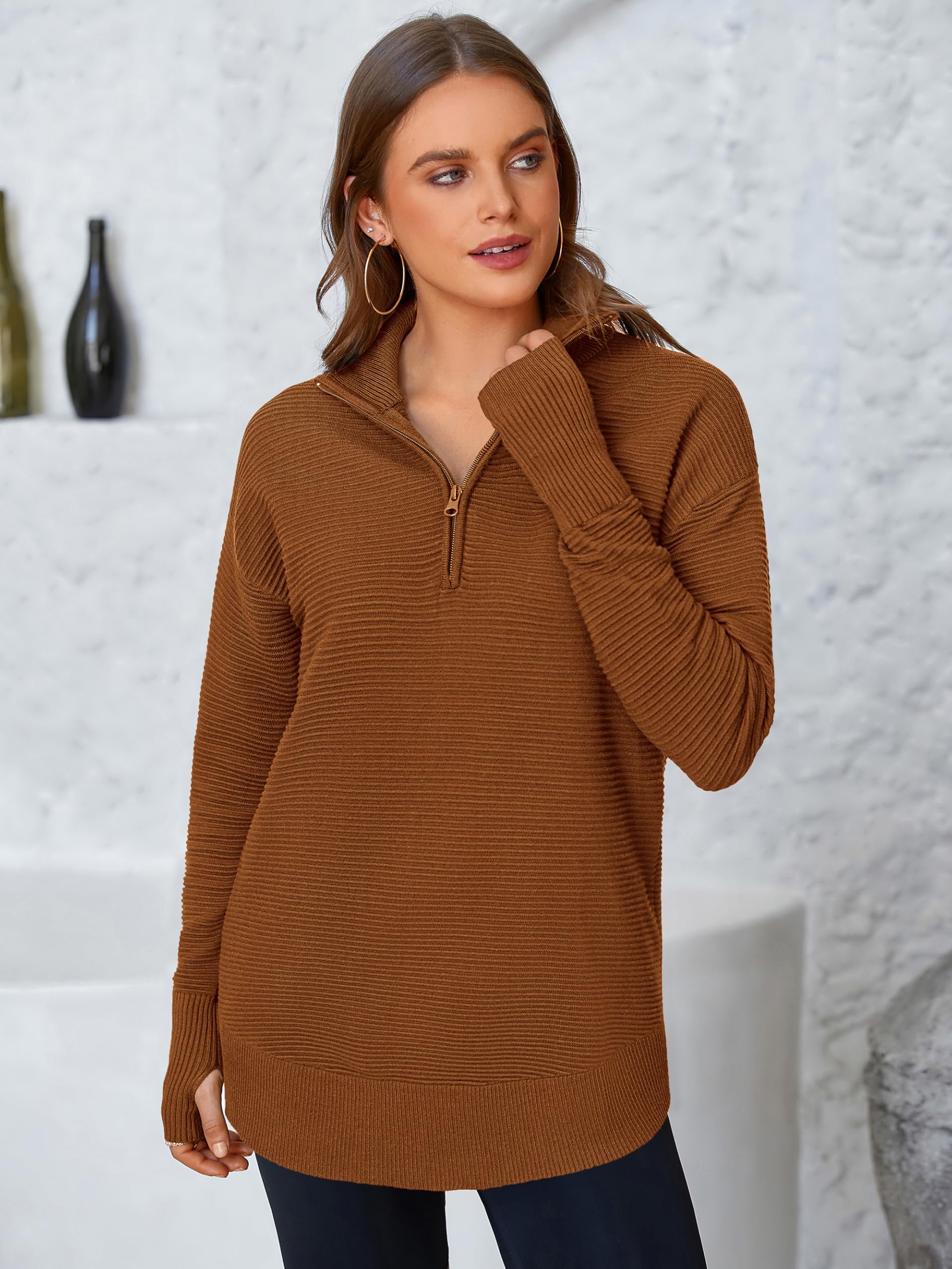 PRETTYGARDEN Womens Long Sleeve Quarter Zip Pullover Sweater Casual Loose V Neck Collared Ribbed Knit Jumper Tops Thumb Hole(Caramel,Large)