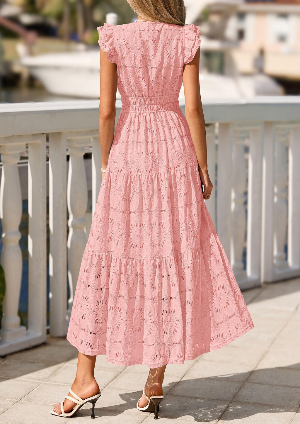 PRETTYGARDEN Womens Boho Maxi Dresses 2026 Summer Floral Lace Eyelet V Neck Spring Wedding Guest Dress Beach Vacation Clothes (Pink,Small)