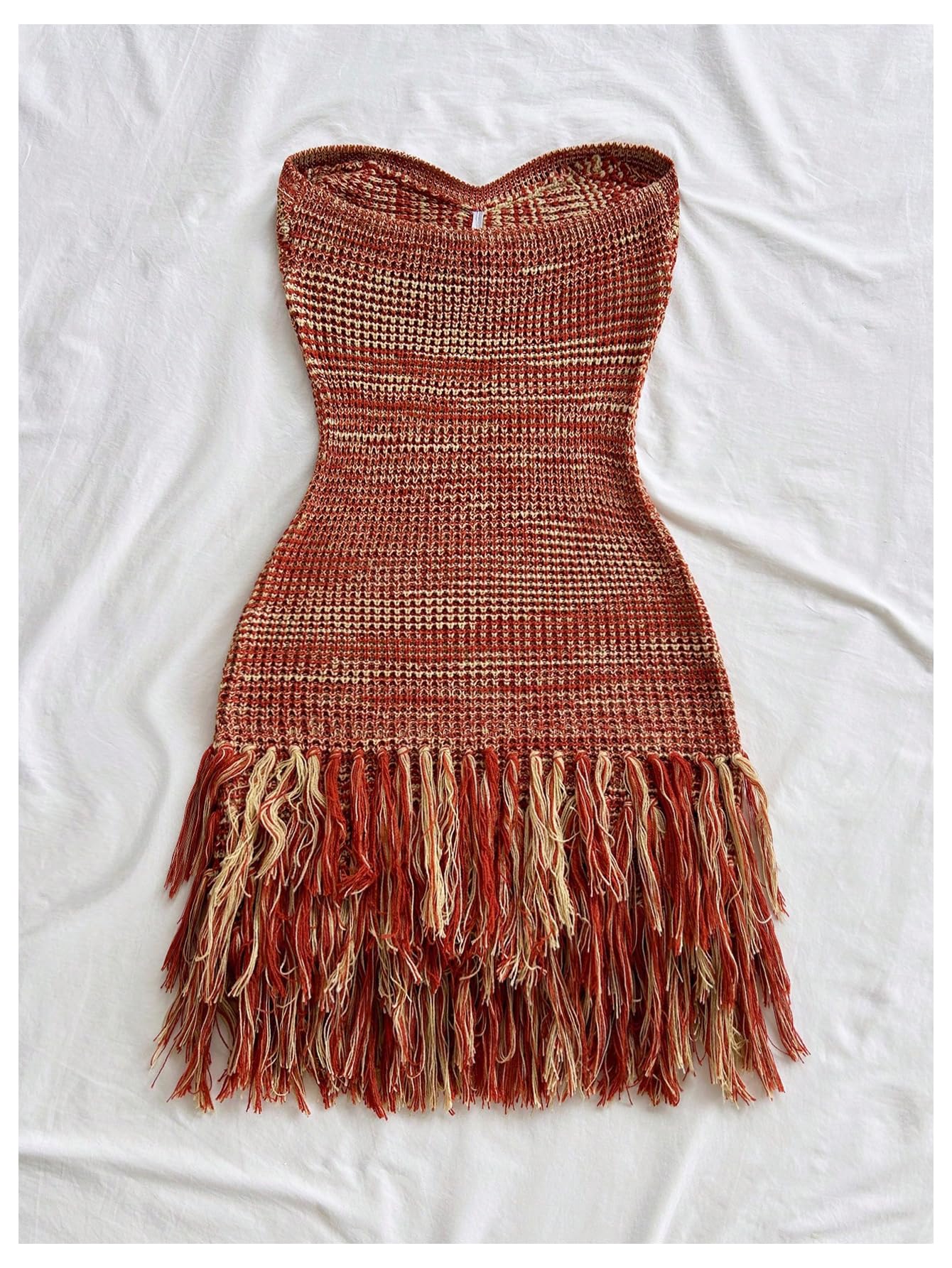 WDIRARA Women's Metal Fringe Hem Knitted Tube Dress Cut Out Layered Mini Boho Dresses Multicolor Large
