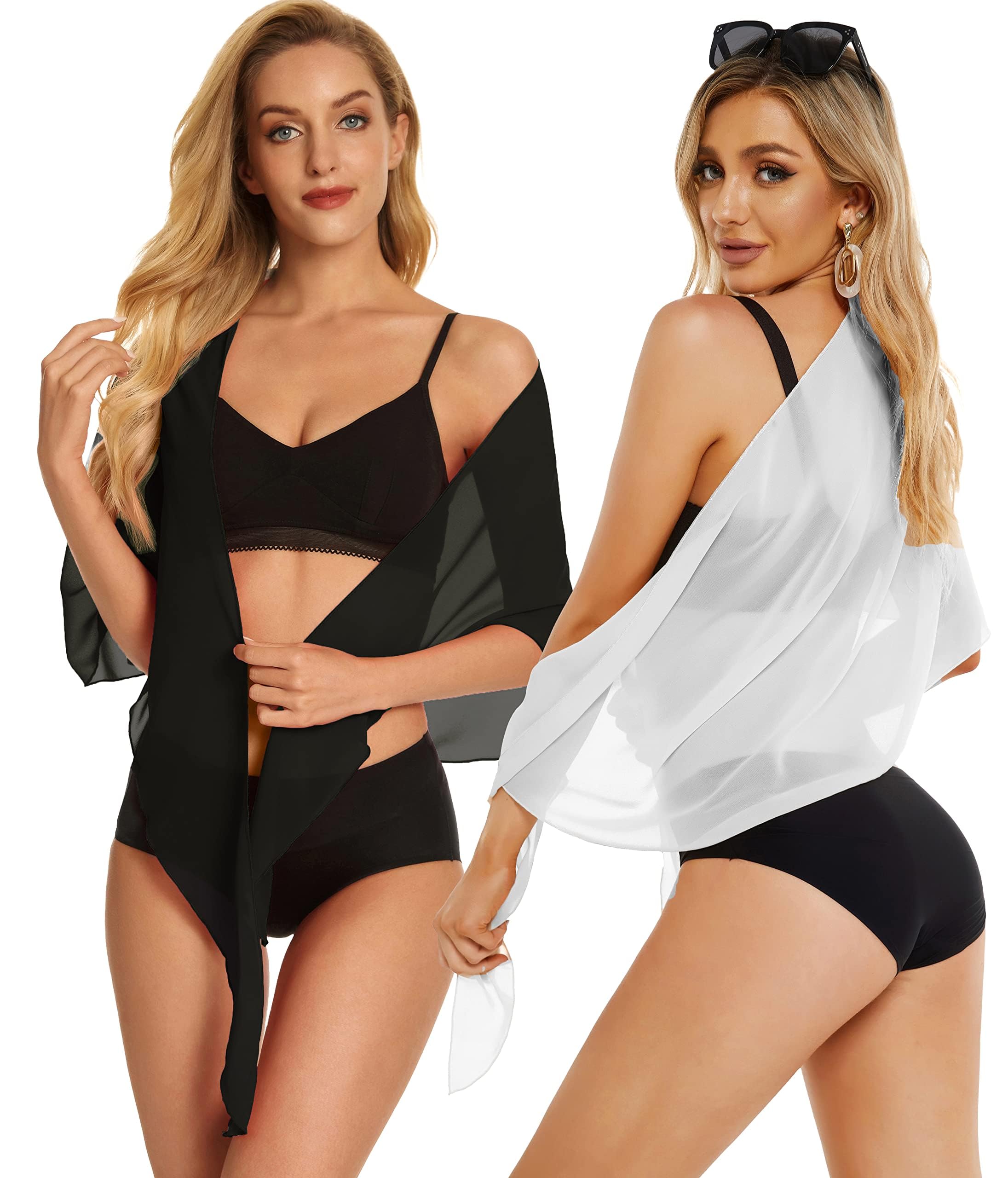 2 Pieces Women Beach Sarong Bathing Suit Wrap Skirt Sheer Bikini Swimsuit Cover Ups for Swimwear (White and Black)