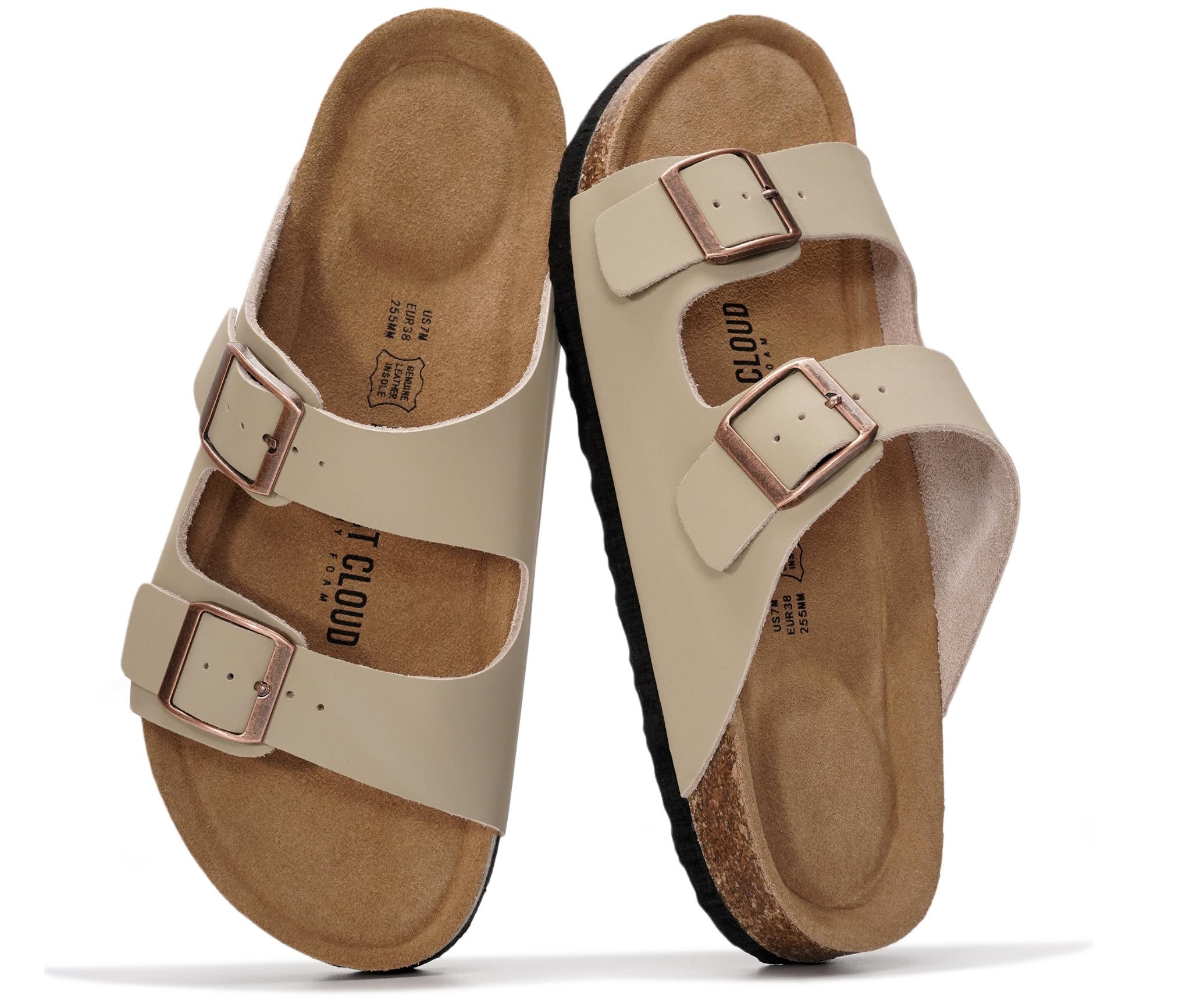 Project Cloud 100% Genuine Leather Flat Sandals For Women 2026 Cork Footbed Womens Sandals with Memory Foam and arch support Vacation Essentials Slides for Women Footwear (Venita, Beige, 9)