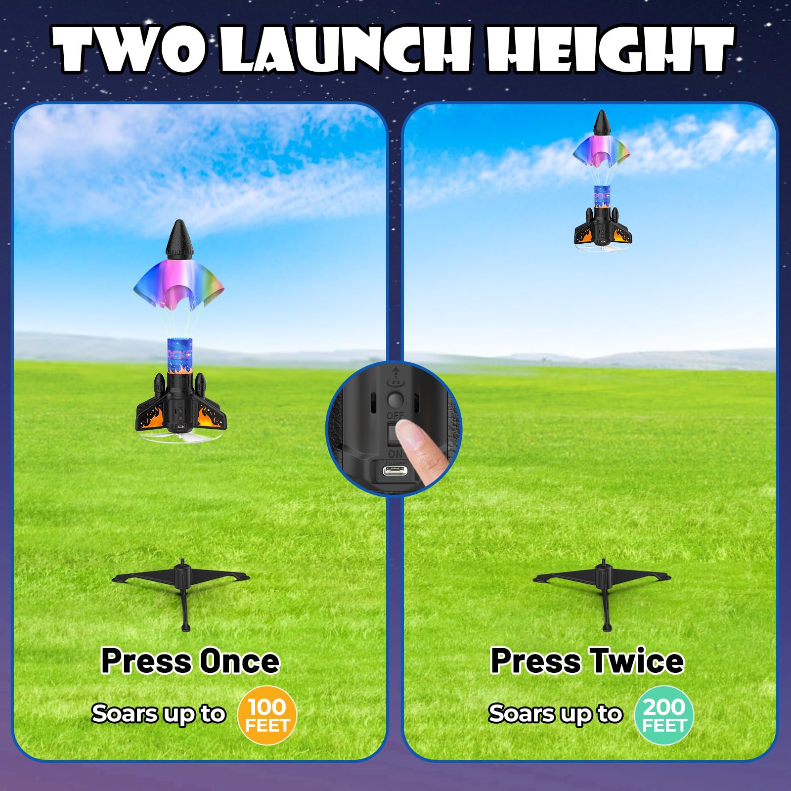 Ovaasy Rocket Launcher for Kids, 200 ft Self Launching Motorized Rocket Toy with LED and Safety Parachute Land, Outdoor Toys Cool Birthday for Boys Ages 8-12 (Orange)