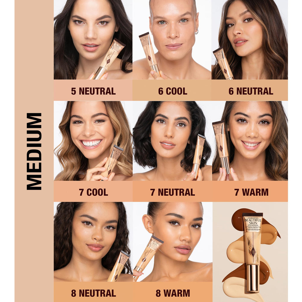 Charlotte Tilbury Beautiful Skin Medium Coverage Hydrating Foundation - Buildable Liquid Makeup for Instant Glow, Plumping Hydration & Lasting Skincare Benefits - 7 Neutral