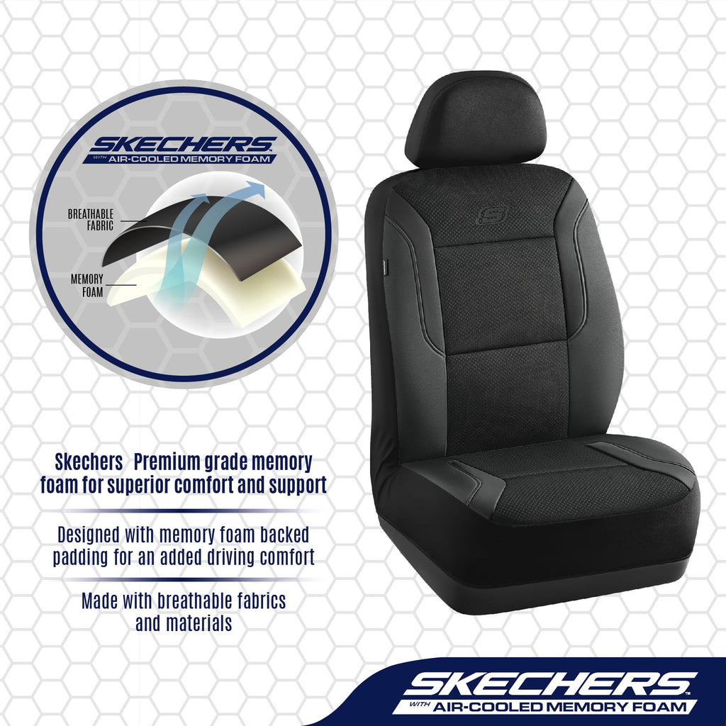 Skechers Men's Memory Foam Seat Covers, Air Cool Mesh Thick Car Seat Covers, Car Seat Covers Front Seats Airbag Compatible, Universal Automotive Comfort for Most Cars, Vans, Trucks, SUV,Black