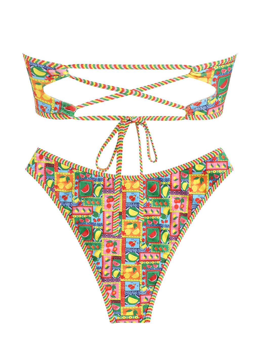 ZAFUL Women's Bandeau Bikini V Strapless Confetti Colorblock Tie Back High Cut Two Piece Swimsuit Bathing Suits (1-Fruit Pattern, M)