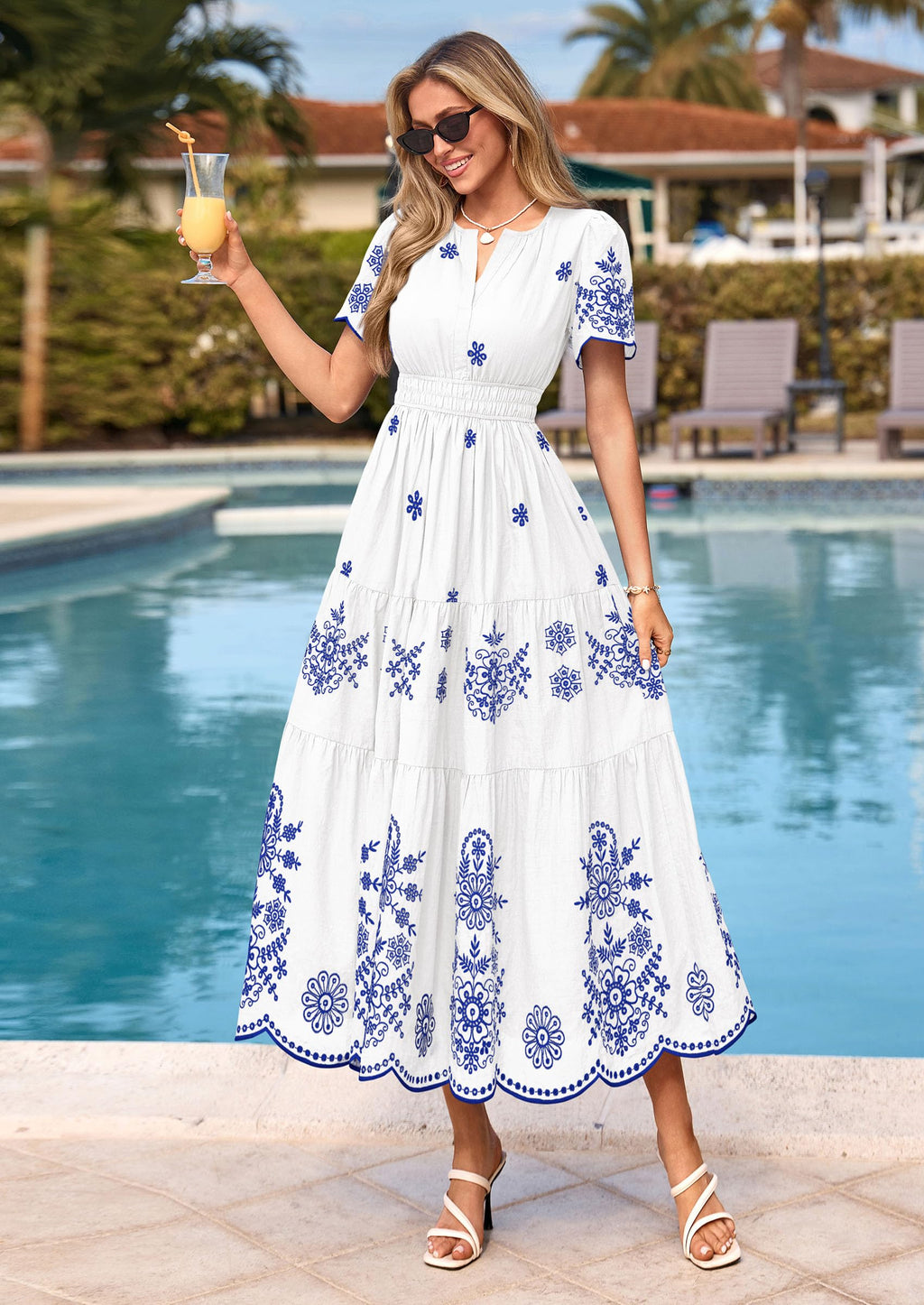 PRETTYGARDEN Summer Dresses for Women 2026 Floral Boho Maxi Spring Casual Short Sleeve V Neck Elastic Waist Dress Pockets (White Blue Flower,Medium)