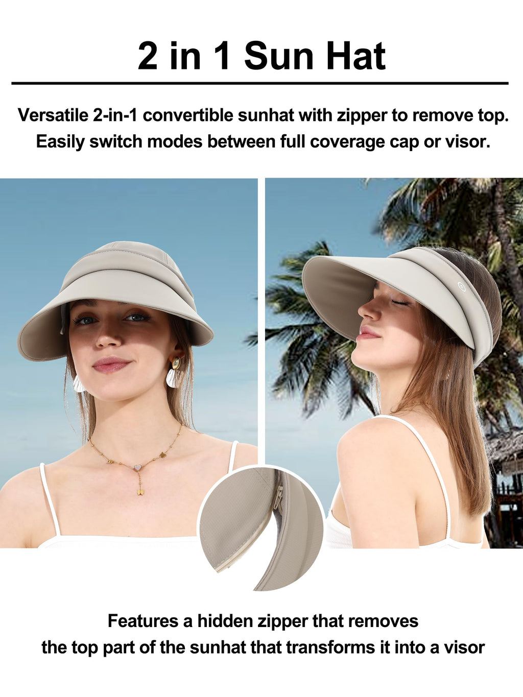 LA CARRIE Women Sun Hats Detachable Wide Brim UV Protection UPF 50+ Summer Beach Visor for Outdoor Sports(Khaki)