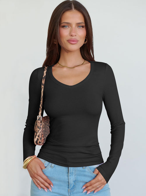 ANRABESS Long Sleeve Shirts for Women V Neck Ribbed Knit Fitted Fall Basic Tshirts Going Out Tops 2026 Casual Trendy Clothes Black Large