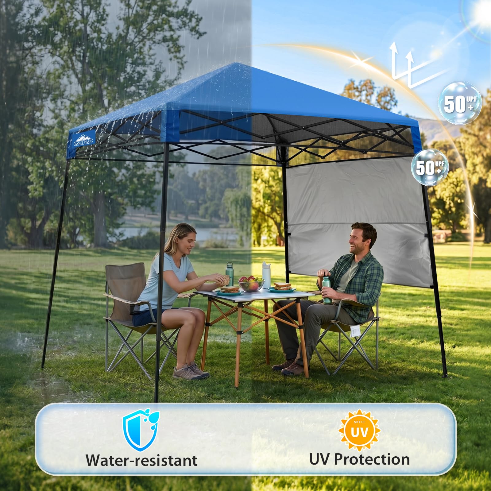 EAGLE PEAK 8x8 Pop Up Canopy Tent with Sidewall, Compact, Portable Slant Leg Instant Sun Shelter for Beach, Sports, & Camping, 8x8 Base 6x6 Top, Blue