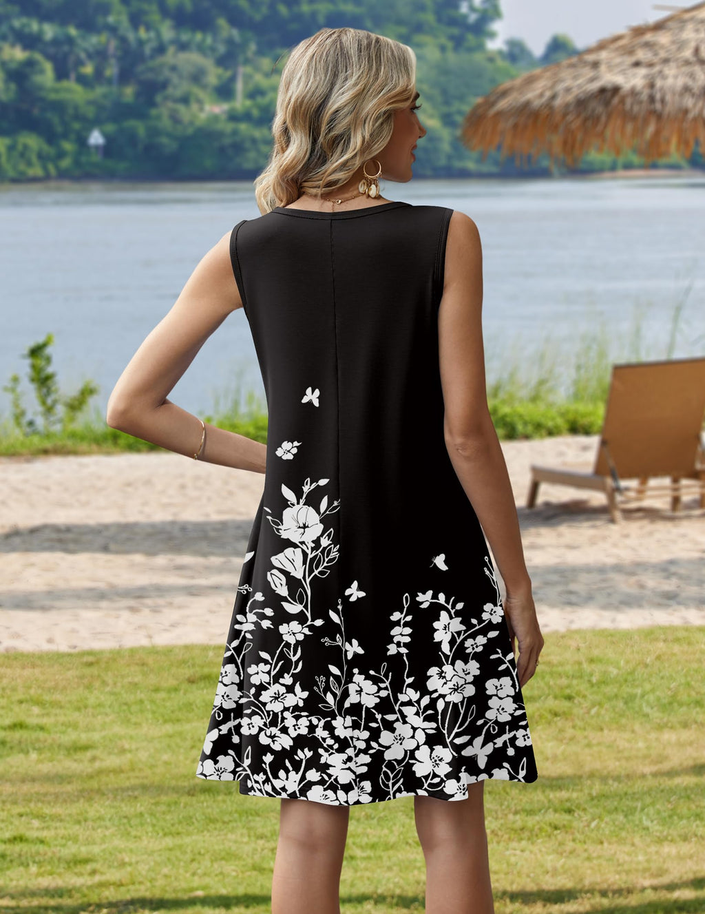 Zeagoo Hawaiian Dresses for Women 2026 Black Floral Tank Dress Aline Flowy Sleeveless Summer Mini Dress Casual Cotton Tunic Dresses Vocation Beach Sundress