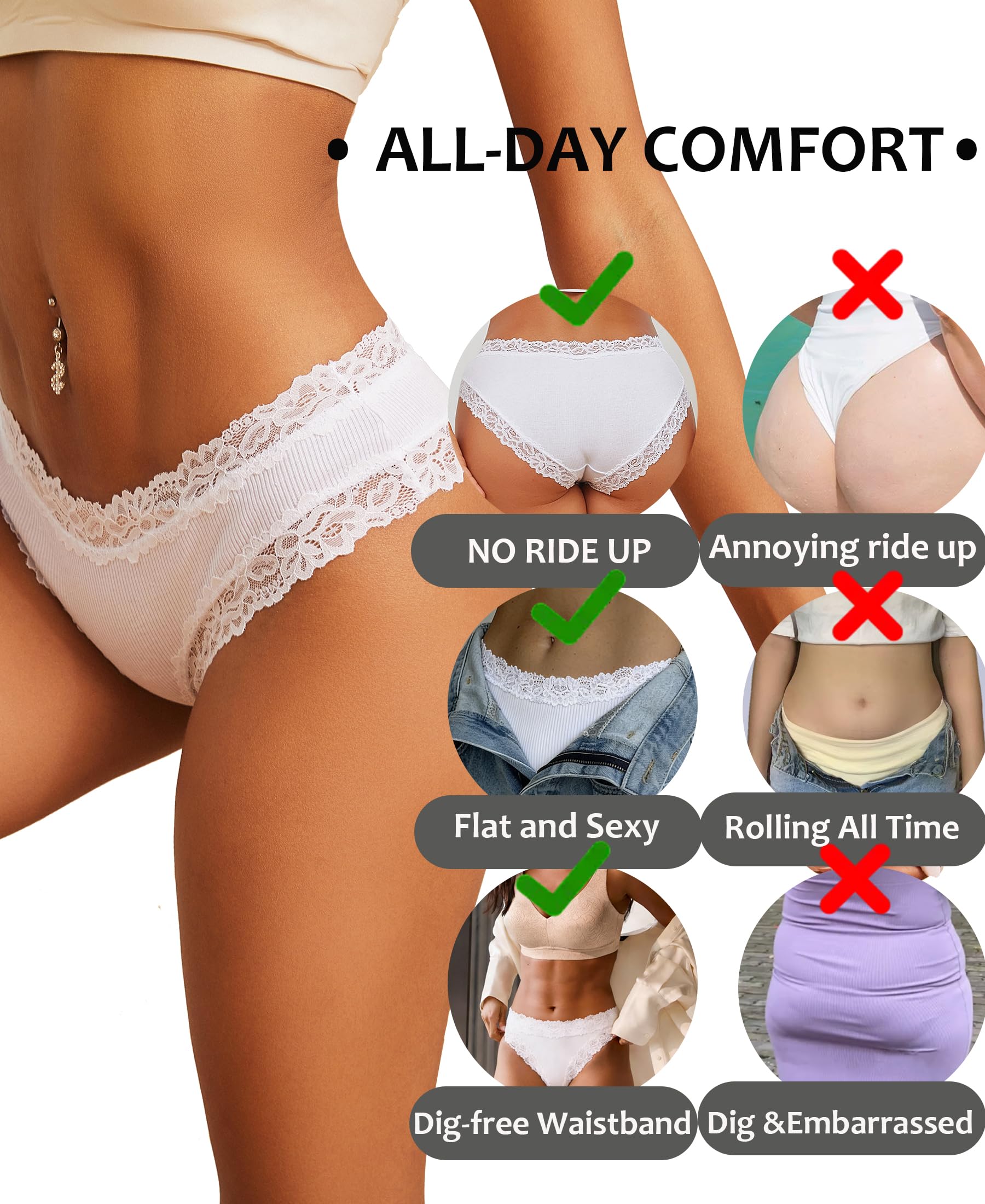 Knowyou Cotton Underwear for Women Cheeky Bikini Womens Underwear Pack Sexy Lace Wasit Hipster Brief Panties for Ladies-M