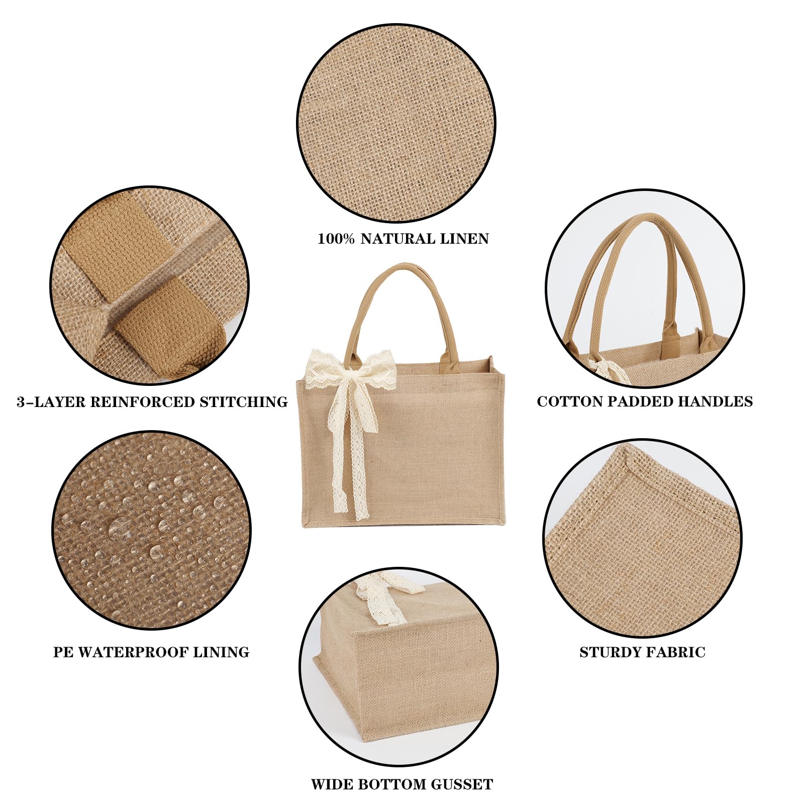6pcs Burlap Tote Bag Set with Handles, Waterproof Reusable Blank Water Resistant Grocery Bags with Ribbon Large Jute Tote 15.35*6*12 Inch for Women Bridesmaid Gift Beach Shopping Wedding Travel DIY