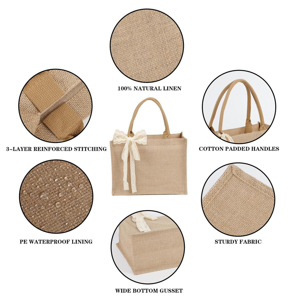 8pcs Burlap Tote Bag Set with Handles, Waterproof Reusable Blank Water Resistant Grocery Bags with Ribbon Large Jute Tote 15.35*6*12 In for Women Bridesmaid Gift Christmas Shopping Wedding Travel DIY