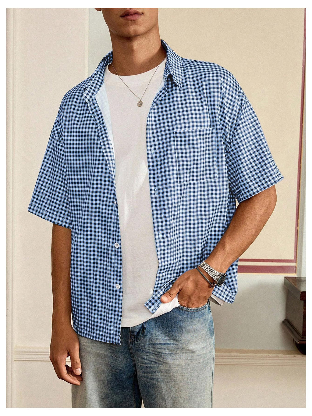 GORGLITTER Men's Plaid Button Up Crop Top Shirt Gingham Short Sleeve Tee Shirts Blue and White Small