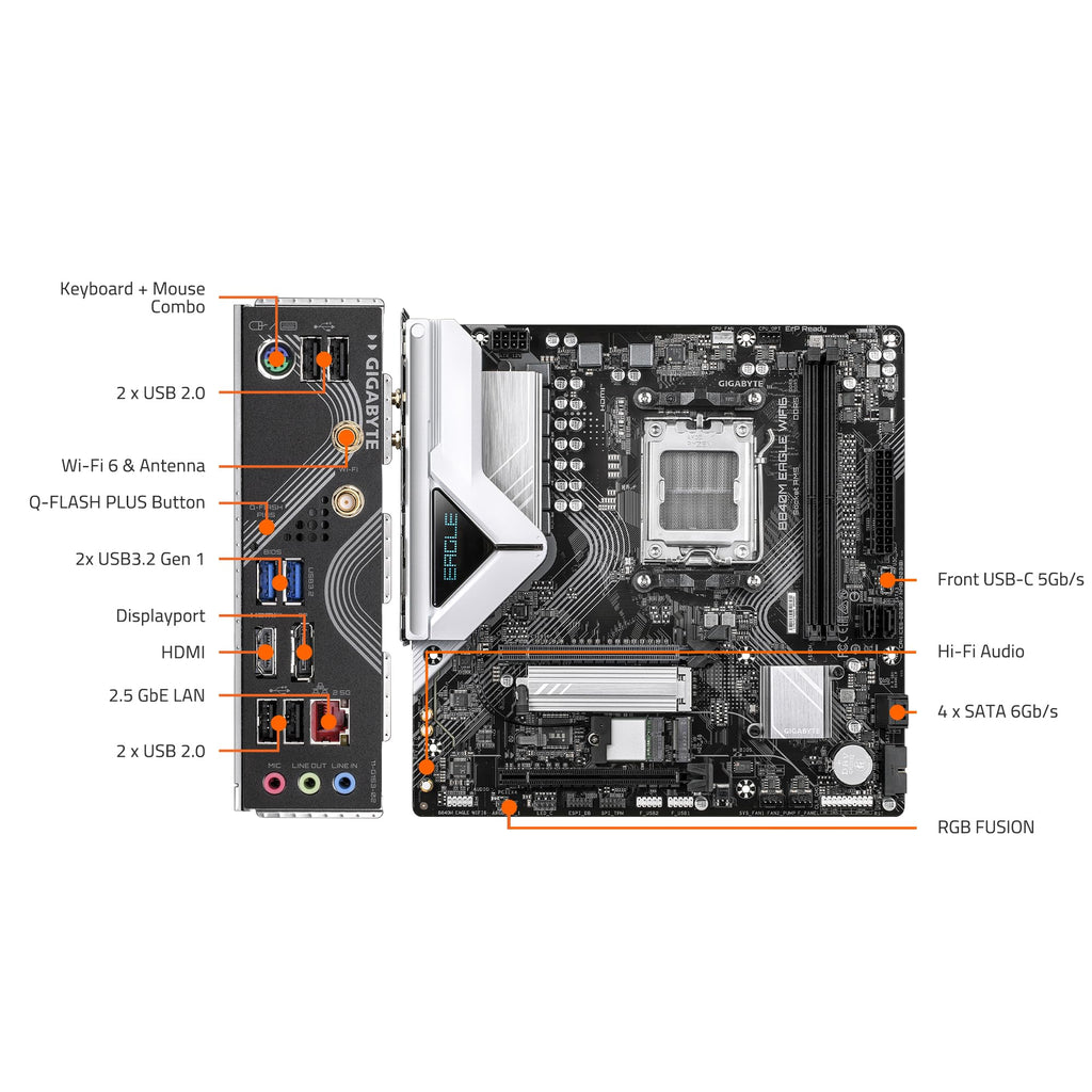 GIGABYTE B840M Eagle WIFI6 AMD Socket AM5, M-ATX, DDR5, 2X M.2, PCIe 4.0, USB 3.2 Gen 1, WIFI6, 2.5GbE LAN, EZ-Latch