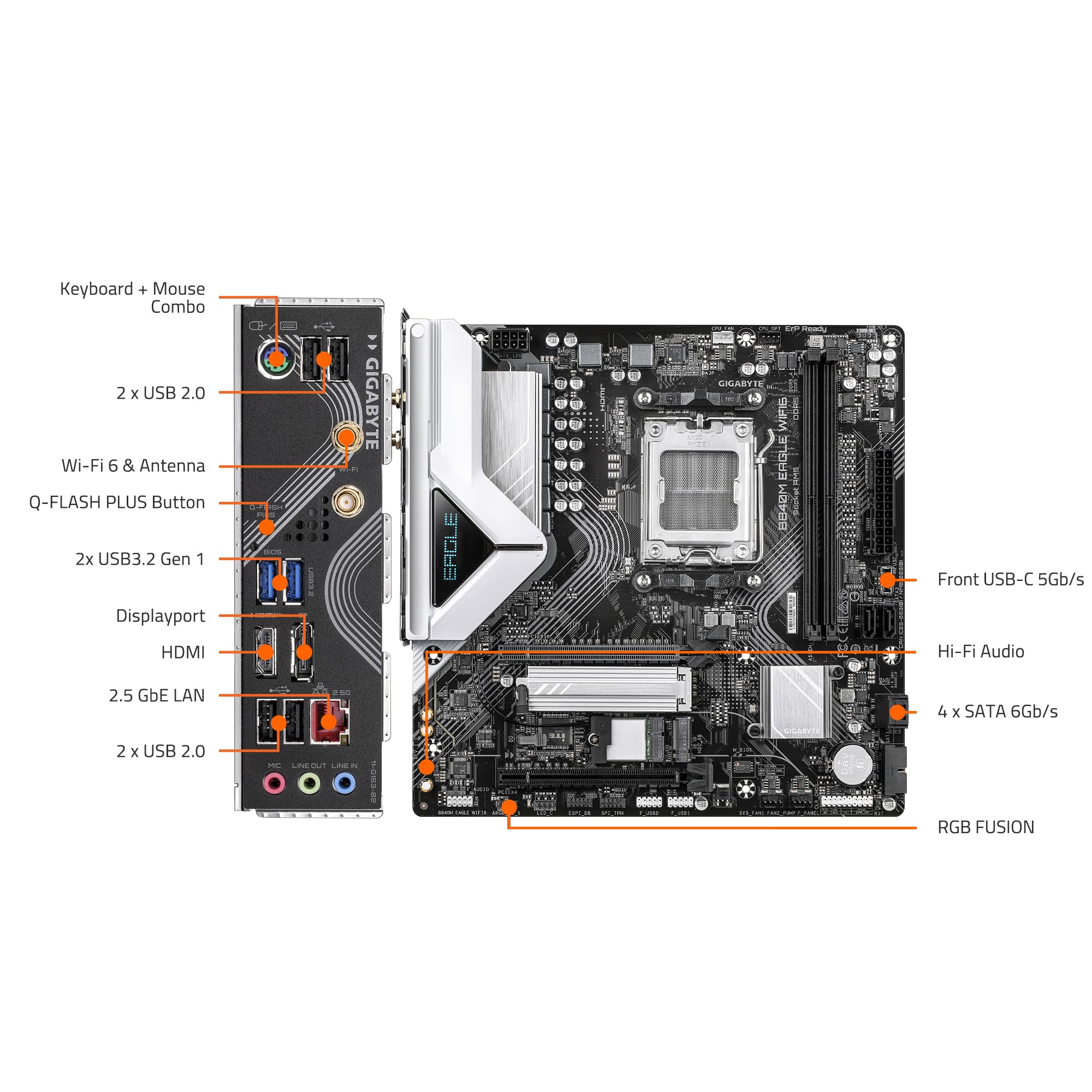 GIGABYTE B840M Eagle WIFI6 AMD Socket AM5, M-ATX, DDR5, 2X M.2, PCIe 4.0, USB 3.2 Gen 1, WIFI6, 2.5GbE LAN, EZ-Latch