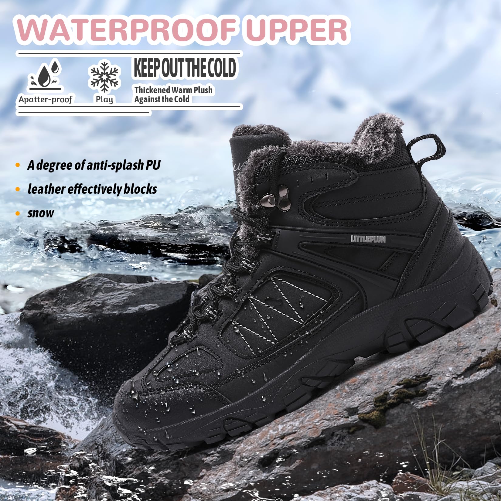 Littleplum Snow Boots for Women-Warm Fur Line Anti Slip Womens Winter Boots-Fashion Ankle Booties Sneakers for Outdoor Hiking All Black Size 6.5