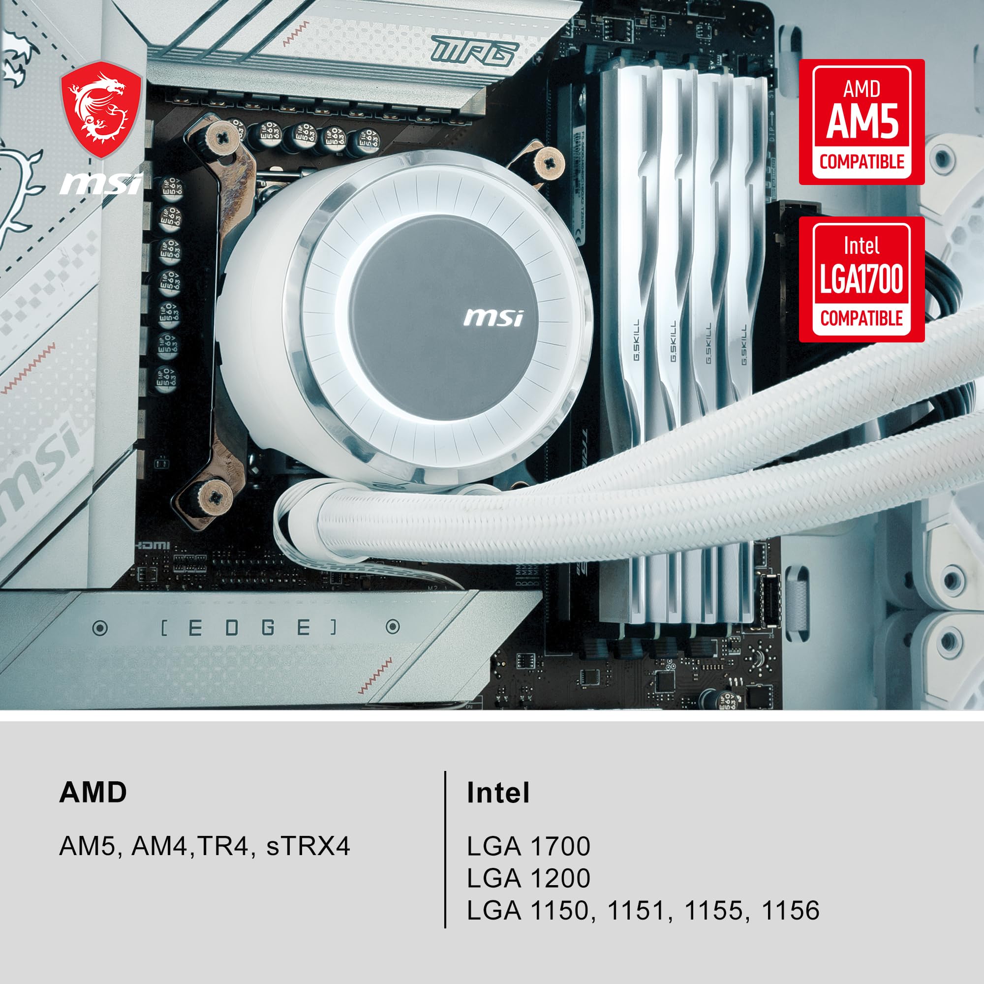MSI MAG CoreLiquid E360 White - AIO ARGB CPU Liquid Cooler - Rotating Cap Design - 360mm Radiator - Triple 120mm ARGB PWM Fans - LGA 1700/1851 / AM5/AM4 Compatible