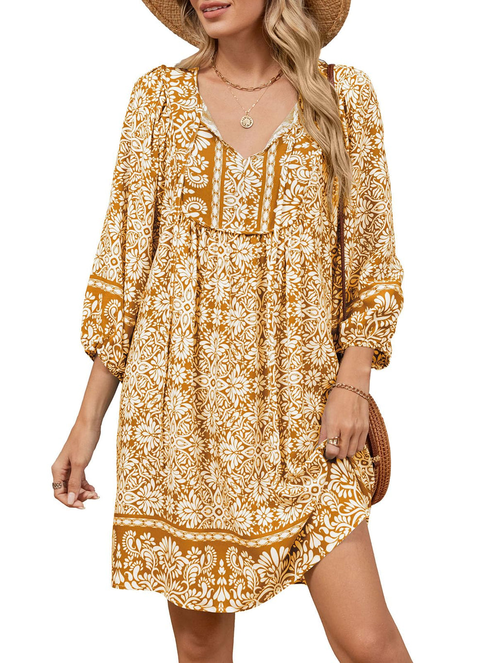 Qearal Summer Dresses for Women 2026 Vacation, 3/4 Sleeve Loose Tunic Dress Boho Beach Sun Dress Knee Length Brown XL