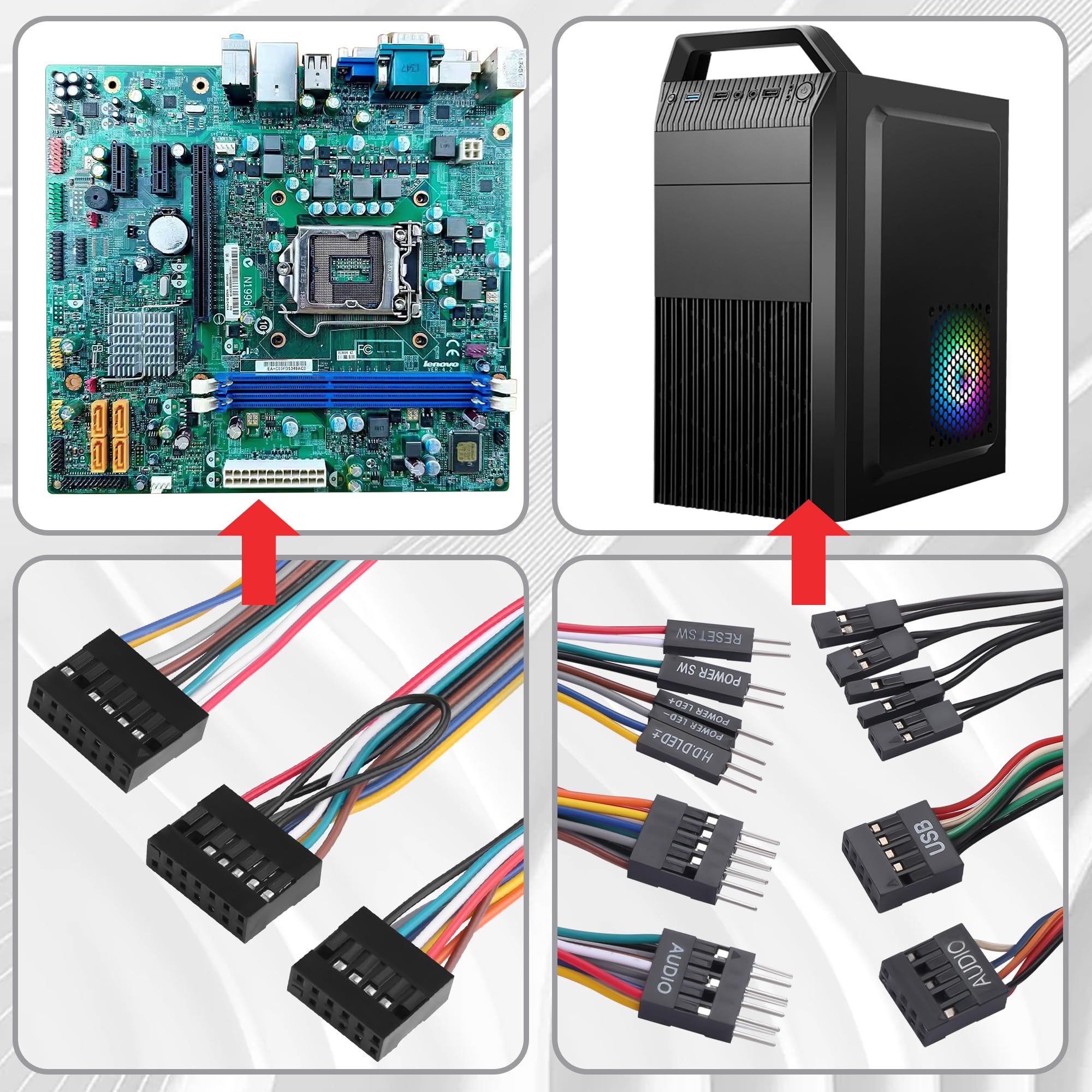 ELFJMZP Motherboard Front Panel Adapter Kit: Power Switch/USB 2.0/Audio Connector for Business Desktop Mainboards (Qitian/Yangtian/ThinkCentre-Compatible) to Standard ATX Case