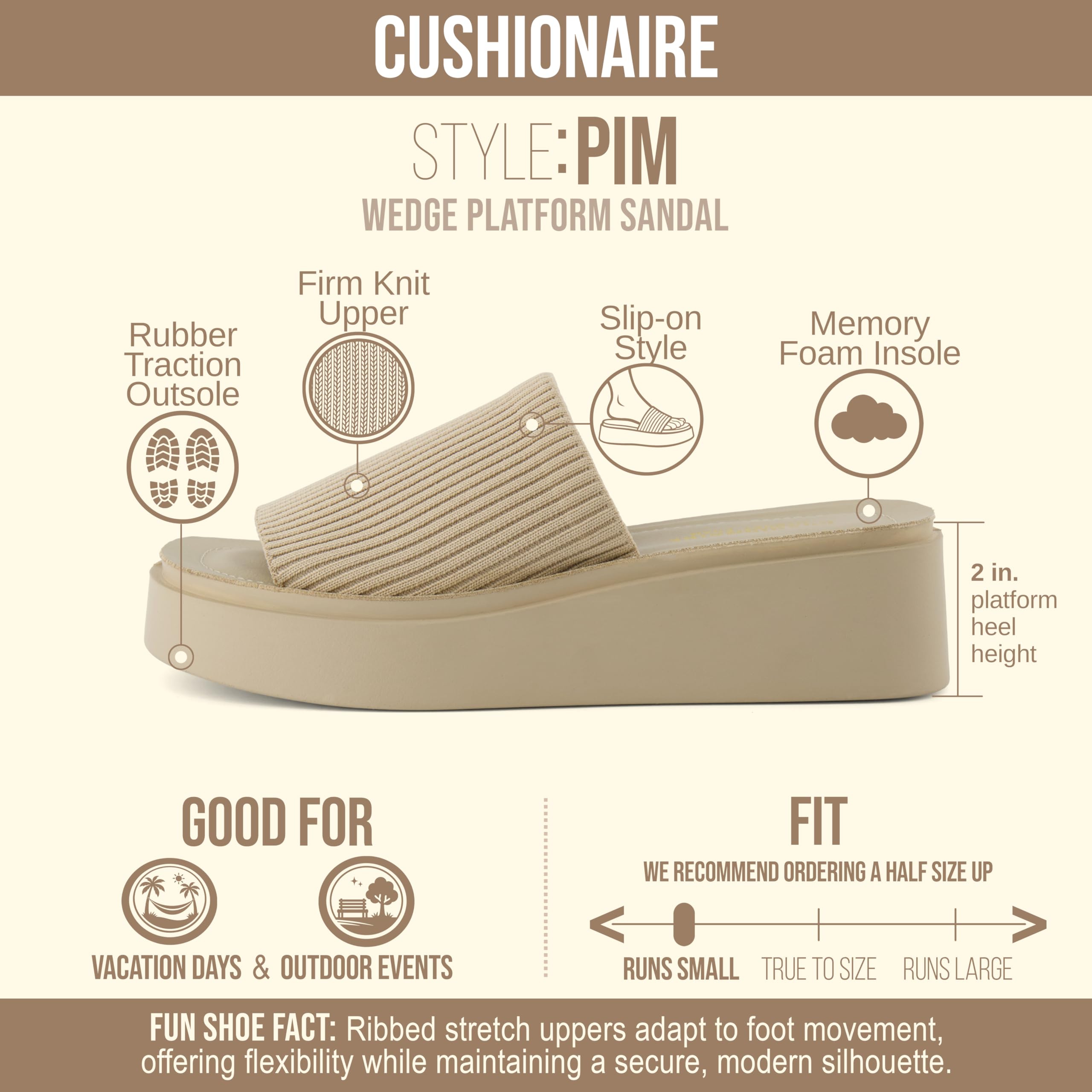 CUSHIONAIRE Pim Wedge Chunky Platform Womens Sandals with Firm Knit Upper & Memory Foam Summer Sandals for Women 2026, TAUPE 9.5