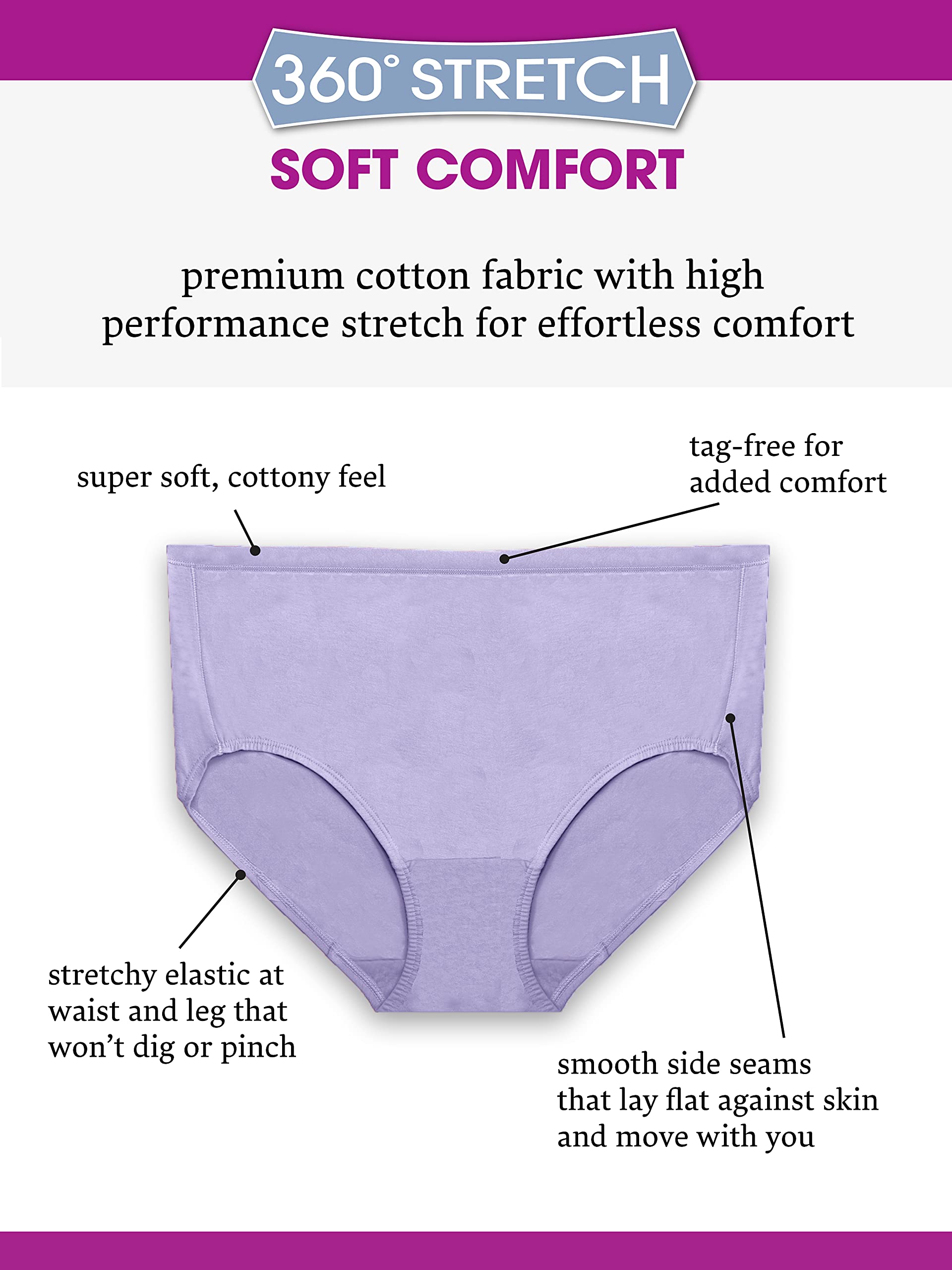 Fruit of The Loom Women's Underwear with 360° Stretch (Regular & Plus Size), Plus Size Brief - Comfort Cotton - 6 Pack, 11