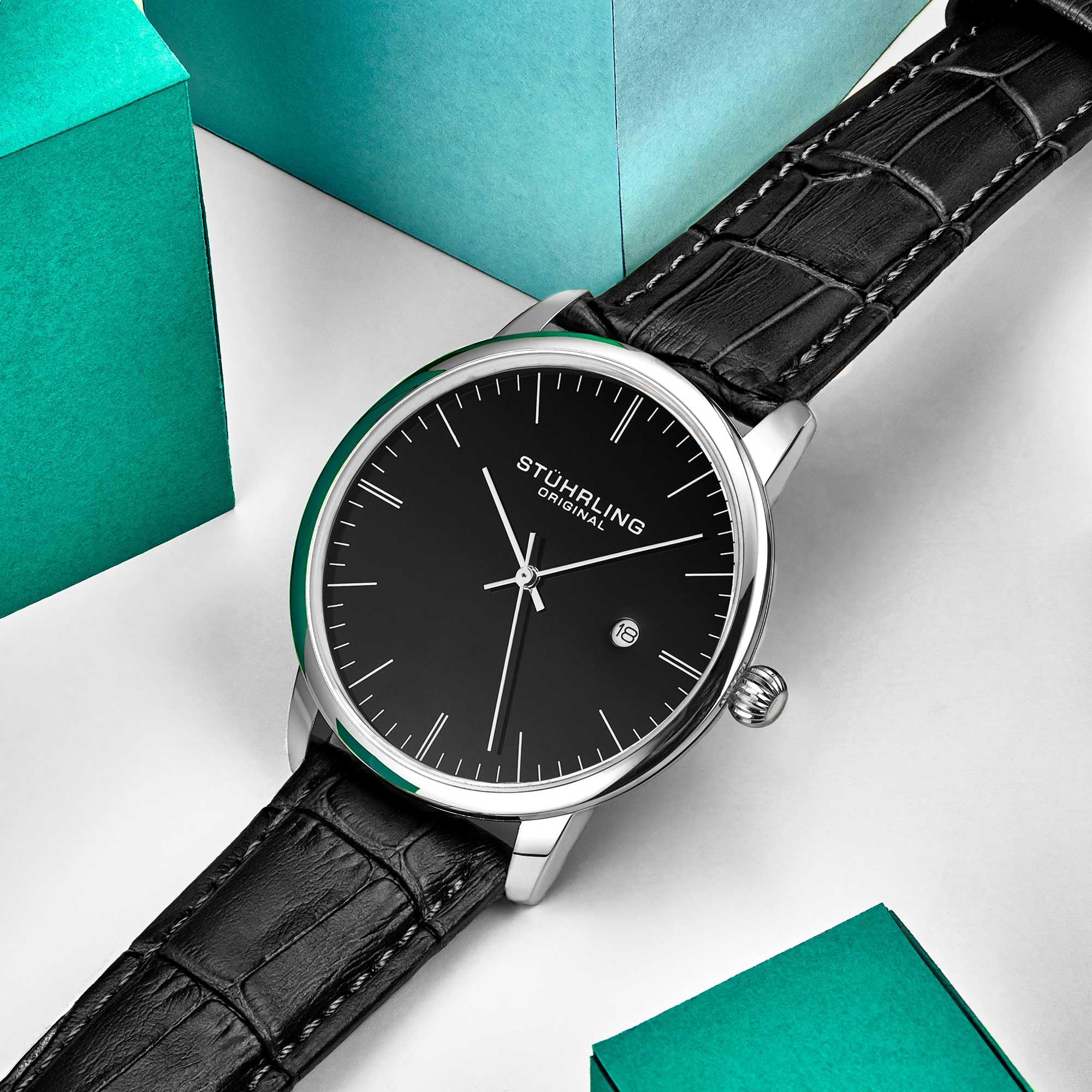 Stuhrling Original Men’s Watch Black Dial Dress Watch 40mm, Ultra Slim Mens Watch Black Leather Strap, Quartz Analog Men’s Wrist Watch, Classic Minimalist Watch for Men