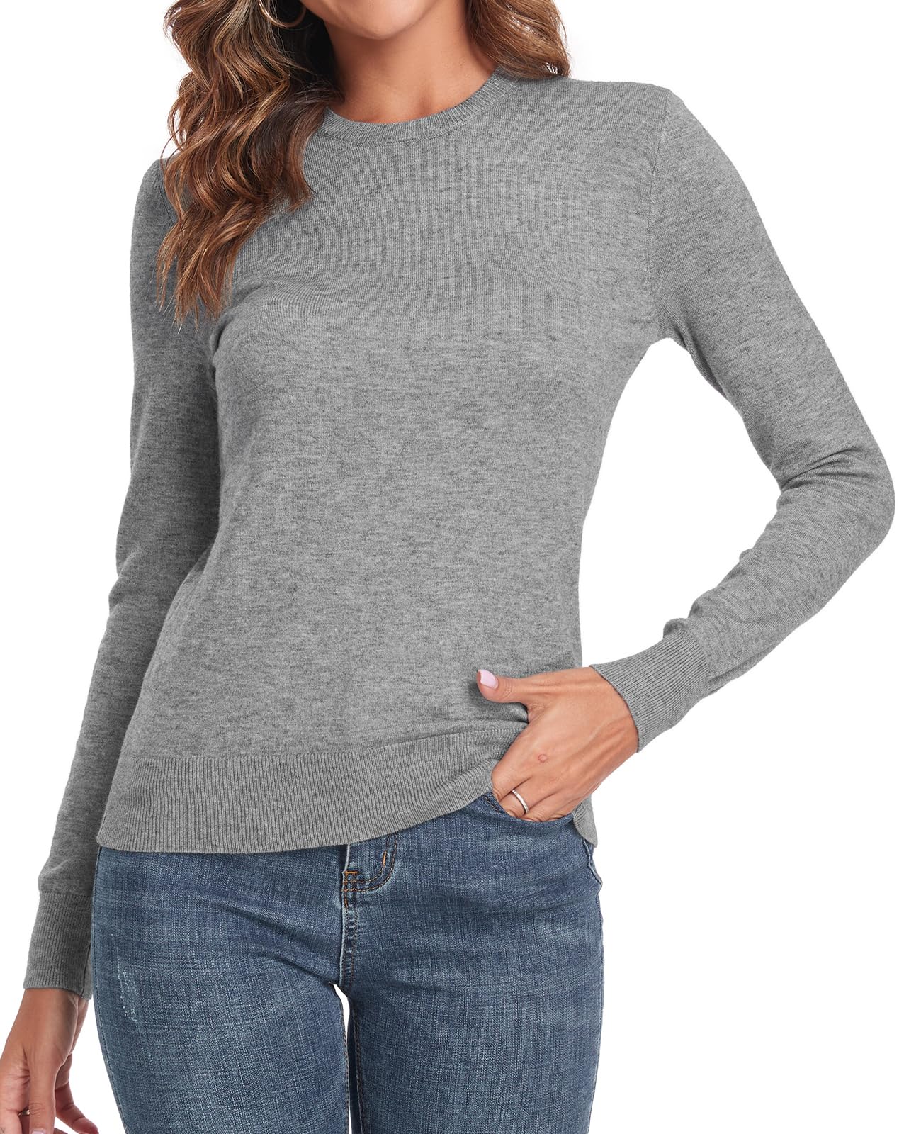 QUALFORT Women's Grey Sweaters Crewneck Knitted Pullovers Medium