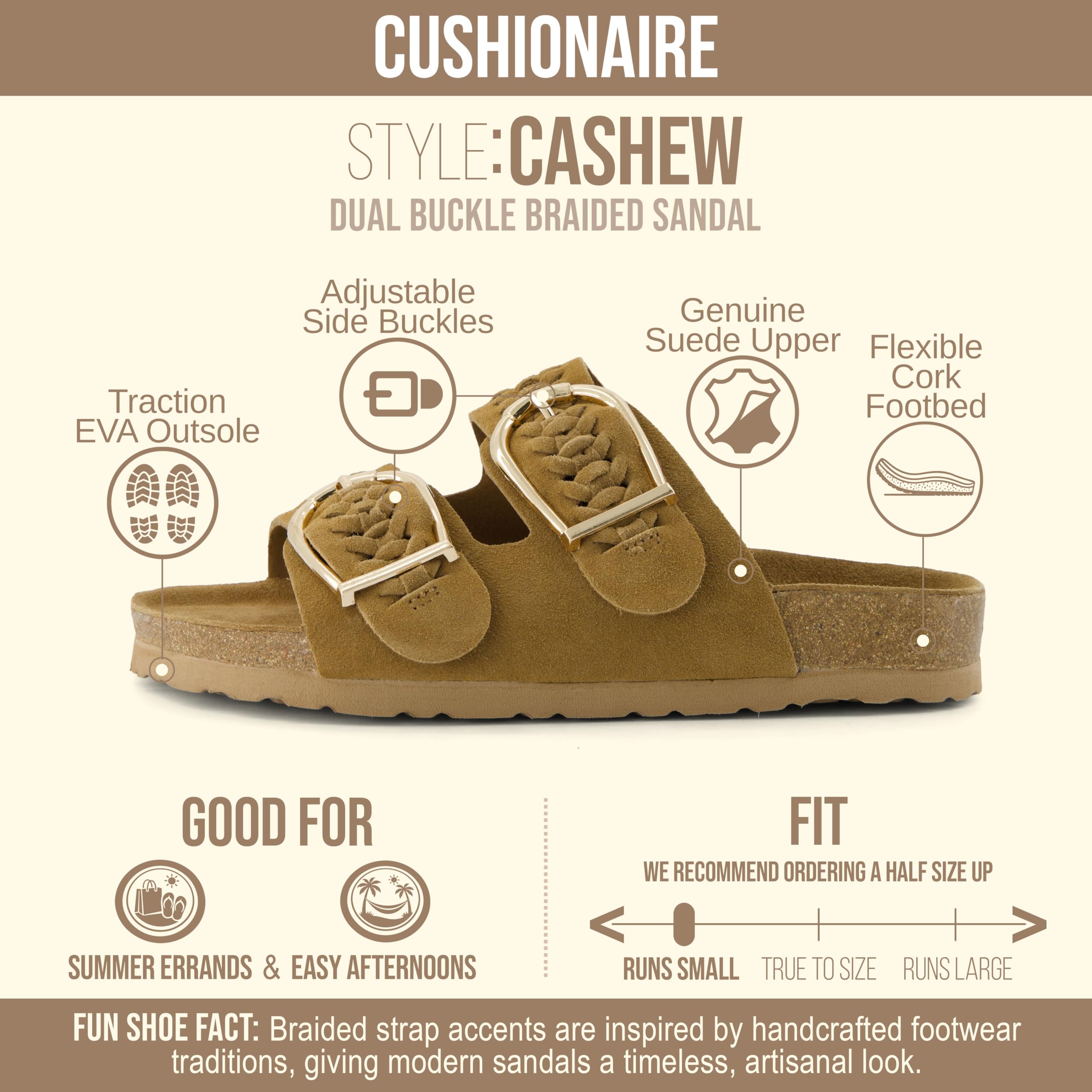 CUSHIONAIRE Cashew Slip On Womens Sandals, Genuine Suede Leather Braided Double Strap Slide On Sandals with Adjustable Big Buckle for Women 2026, Chestnut 8