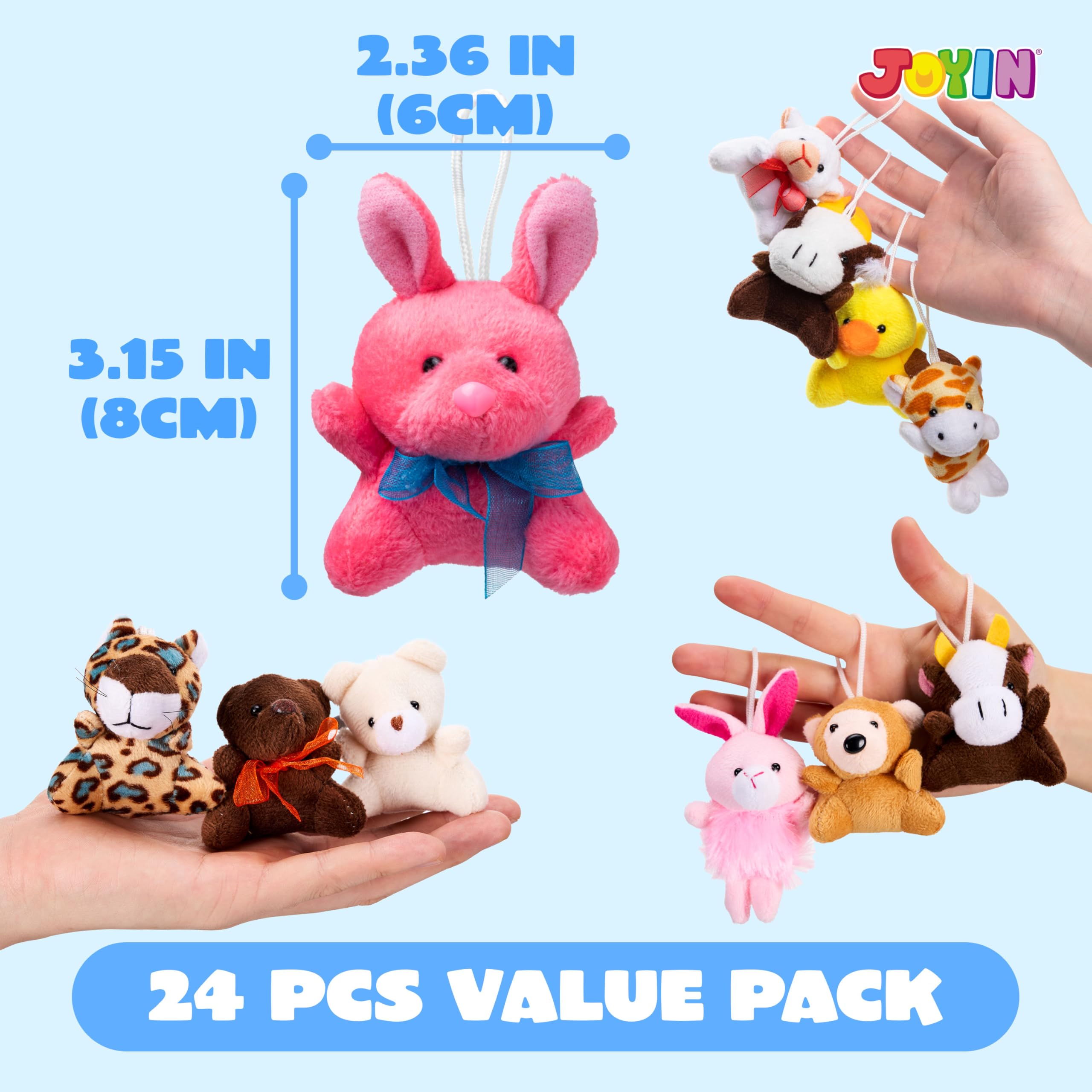 JOYIN 24 Pack Mini Animal Plush Toy Assortment (24 Units 3" Each), Animals Keychain Decoration for Kids, Small Stuffed Animal Bulk for Kids, Carnival Prizes, School Gifts, Valentines Goodie Bags