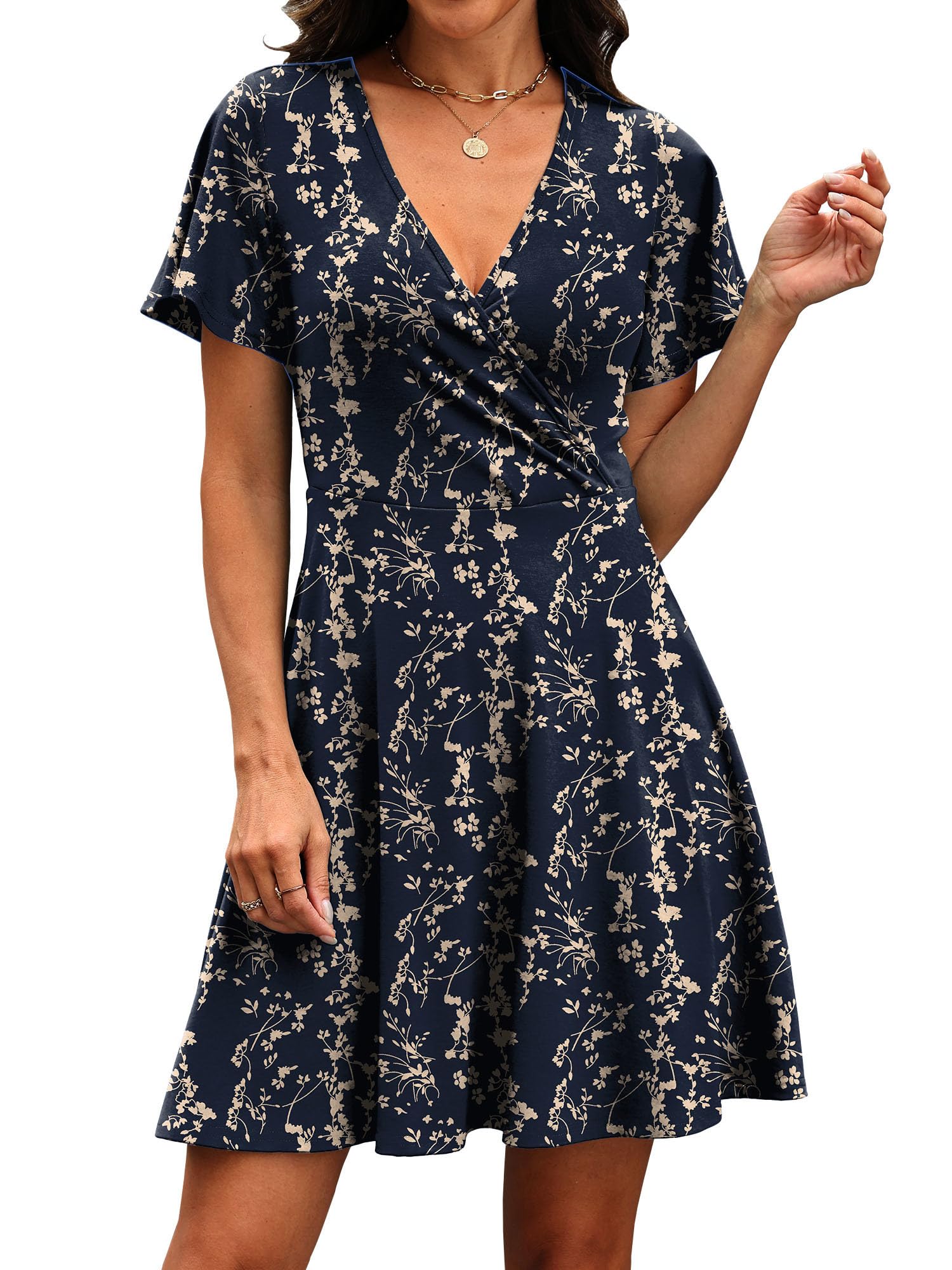 Dresses for Women 2026 Casual Wrap V Neck Knee Length Lightweight Cottagecore Summer Dress Mothers Outfits Floral Navy 03 L