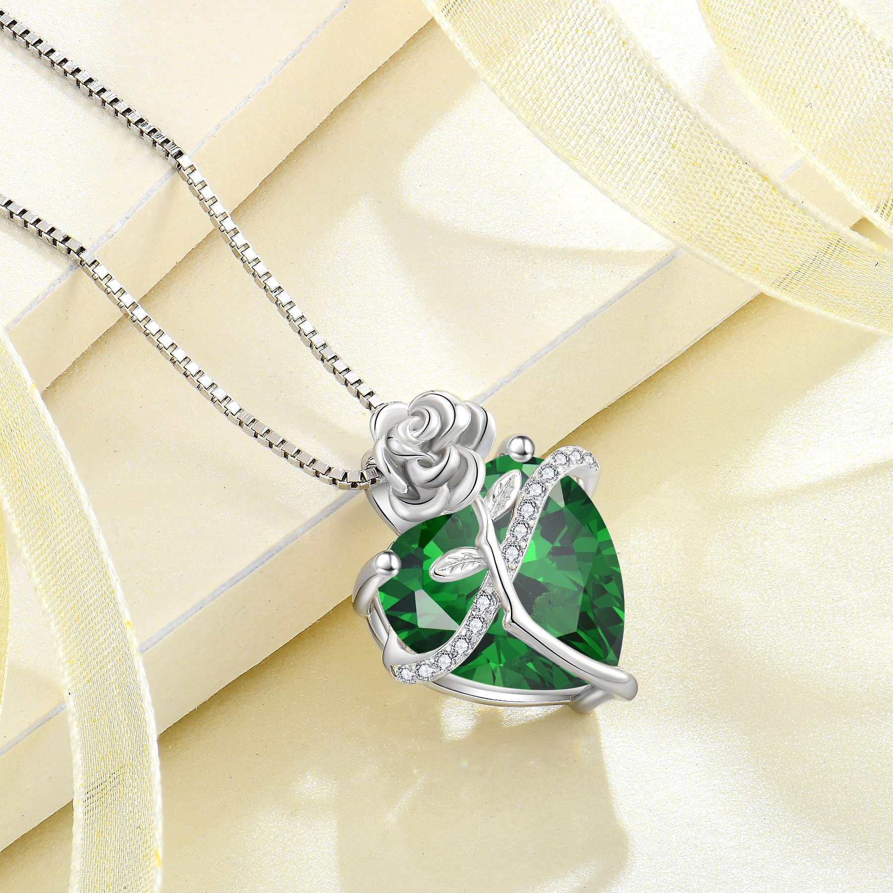 Rocayi Emerald Necklace May Birthstone Necklace for Women 925 Sterling Silver Love Heart Rose Flower Necklace Dainty Jewelry for Women