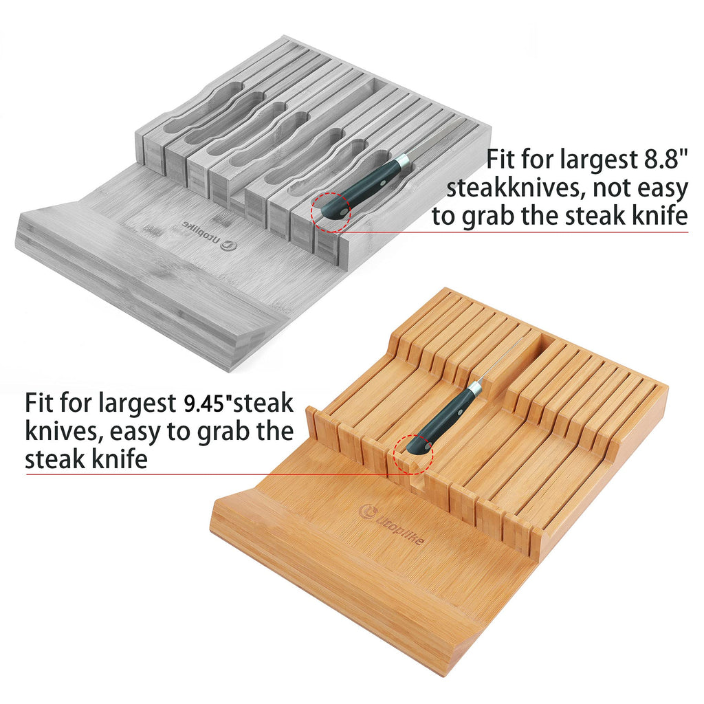 Utoplike In-drawer Knife Block Bamboo Kitchen Knife Drawer Organizer Large, handle Steak knife Holder without Knives, Fit for 16 Knife and 1 Sharpening Steel (Knives & Sharpening Not Included)
