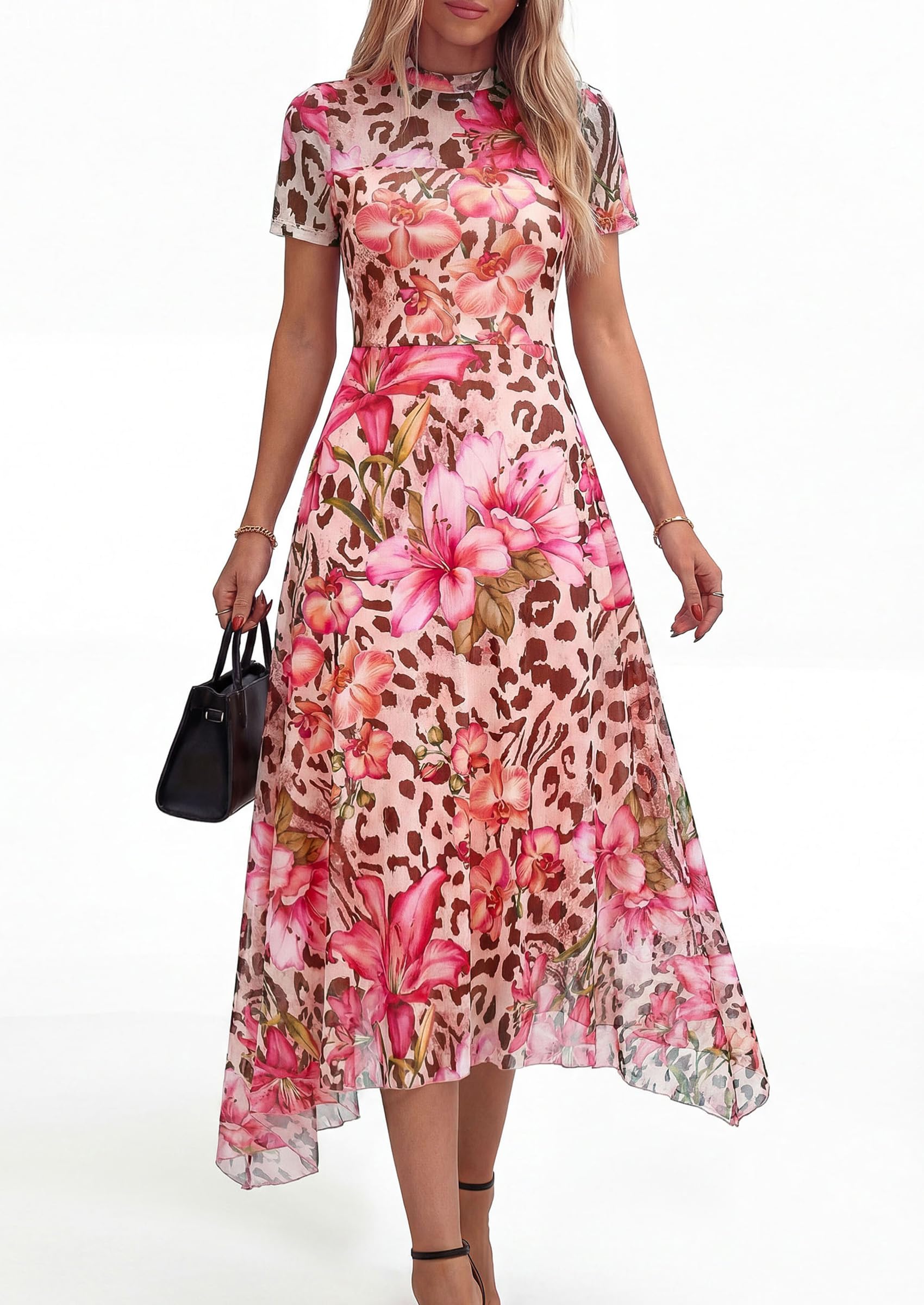 PRETTYGARDEN Cocktail Dresses for Women 2026 Summer Short Sleeve Floral Mesh Sheer Midi Party Wedding Guest Dress (Floral Apricot Leopard,Small)
