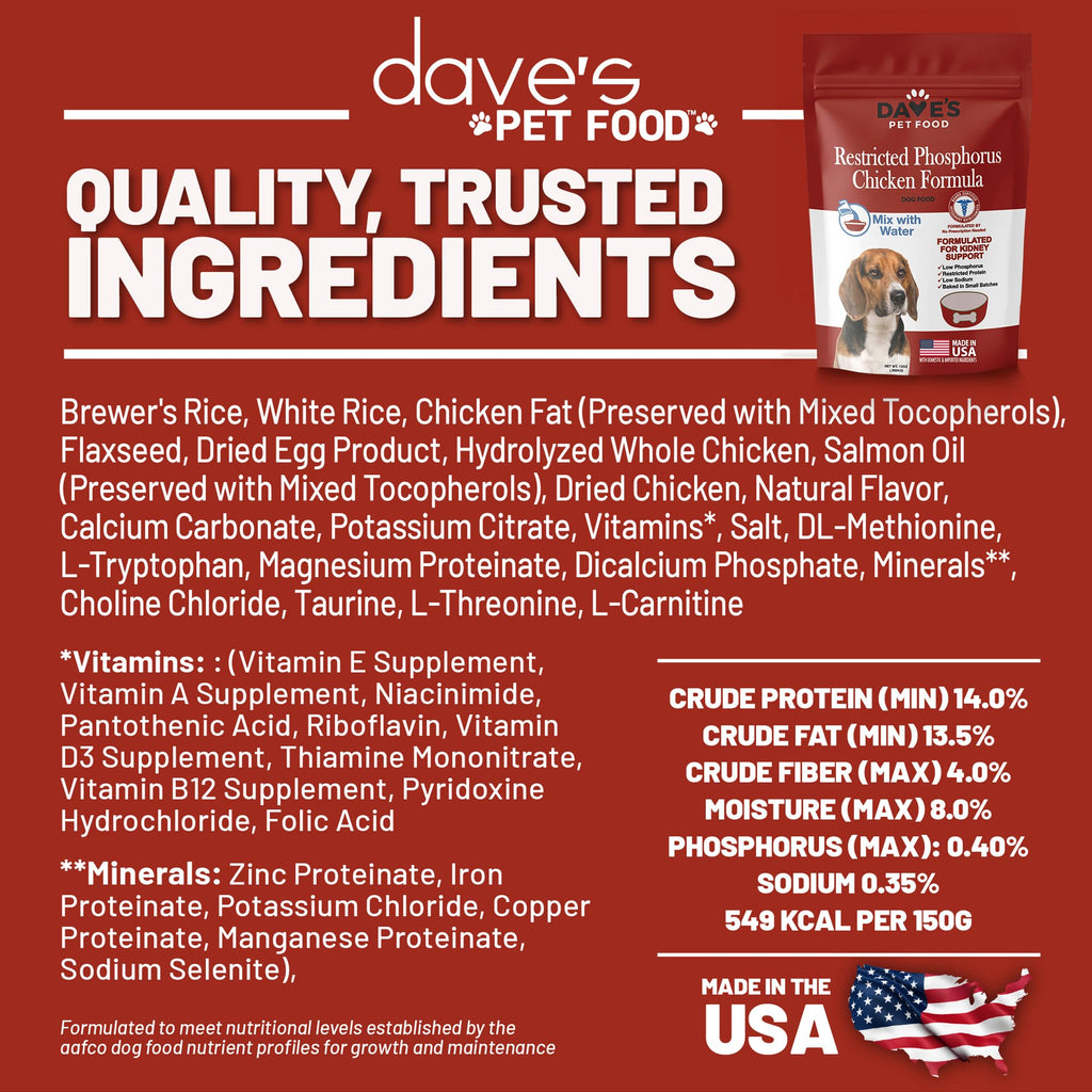 Dave’s Pet Food Kidney Support for Dogs with Renal Support (Chicken Formula Crumble) Non-Prescription Low Phosphorus Restricted Diet Dog Food, Added Vitamins Minerals & Taurine, Vet Formulated (13 oz)