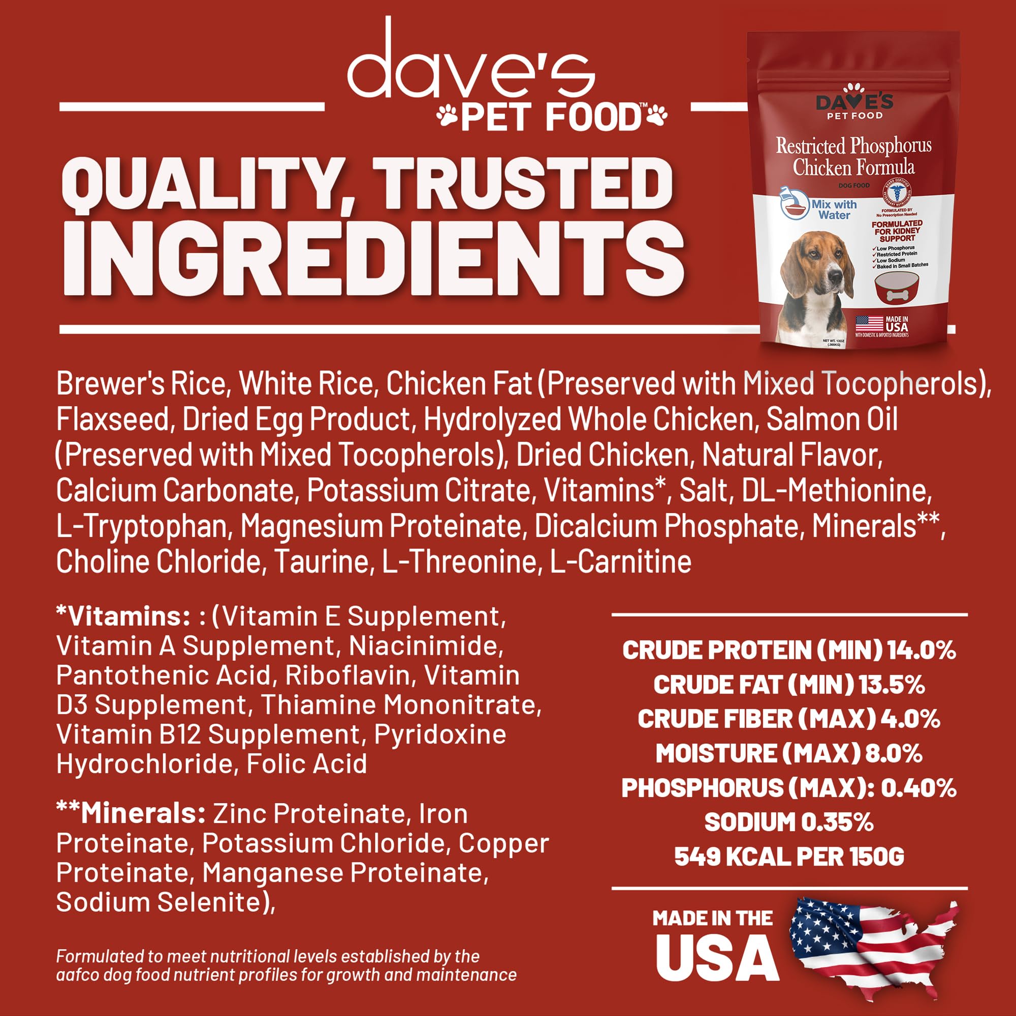Dave’s Pet Food Kidney Support for Dogs with Renal Support (Chicken Formula Crumble) Non-Prescription Low Phosphorus Restricted Diet Dog Food, Added Vitamins Minerals & Taurine, Vet Formulated (13 oz)