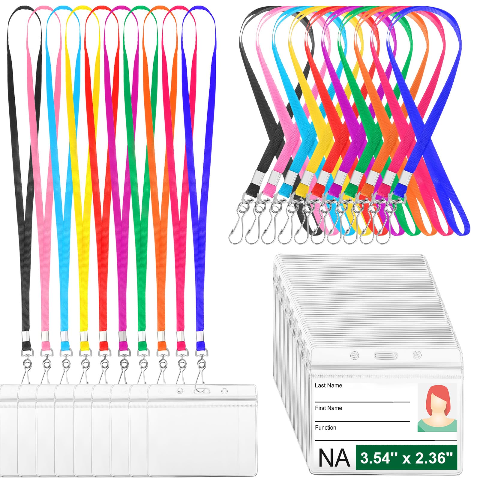 Honoson 100 Sets Name Tag Lanyards Bulk with ID Badge Holder Clear Plastic Horizontal Cruise Necklace Lanyard for Adults Business School Keys (Multicolor)