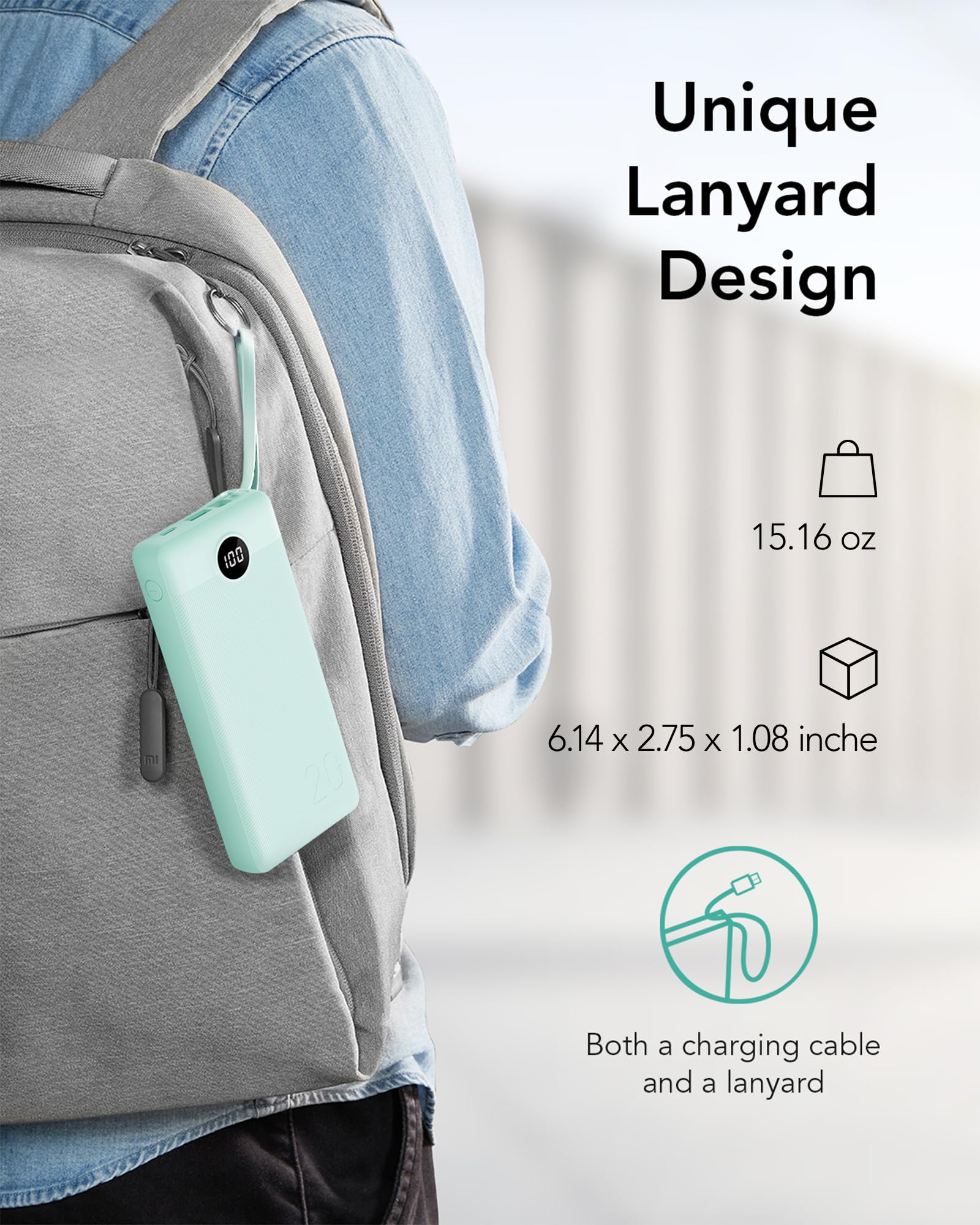 VRURC Portable Charger 20000mAh, Built-in Cables Fast Charging Power Bank, PD QC 3.0 Travel Essentials Battery Pack, 4 Output & 2 Input Phone Charger for iPhone16 15 14 13 X, Samsung, Android