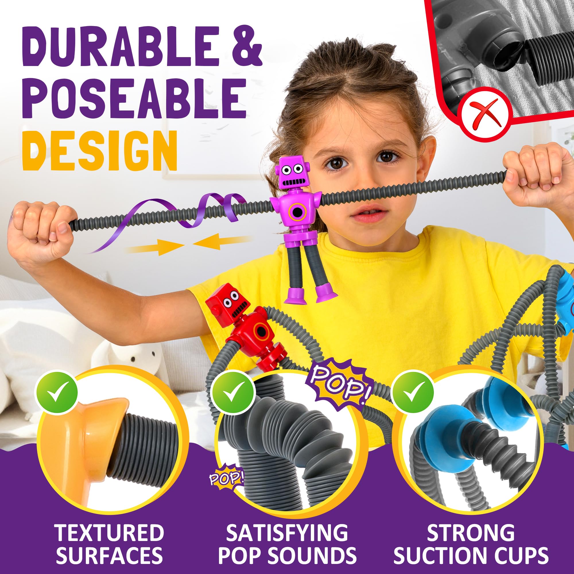 nutty toys Sensory Robot Toys 4pk - Top Pop Tubes Fidget 2026 for ADHD & Autism Ages 3 4 5 6 7 8 9 10 11 12, Best Kids Travel Idea, Unique Easter & Valentines Day Toddler, Tween, Girl & Boy Gifts