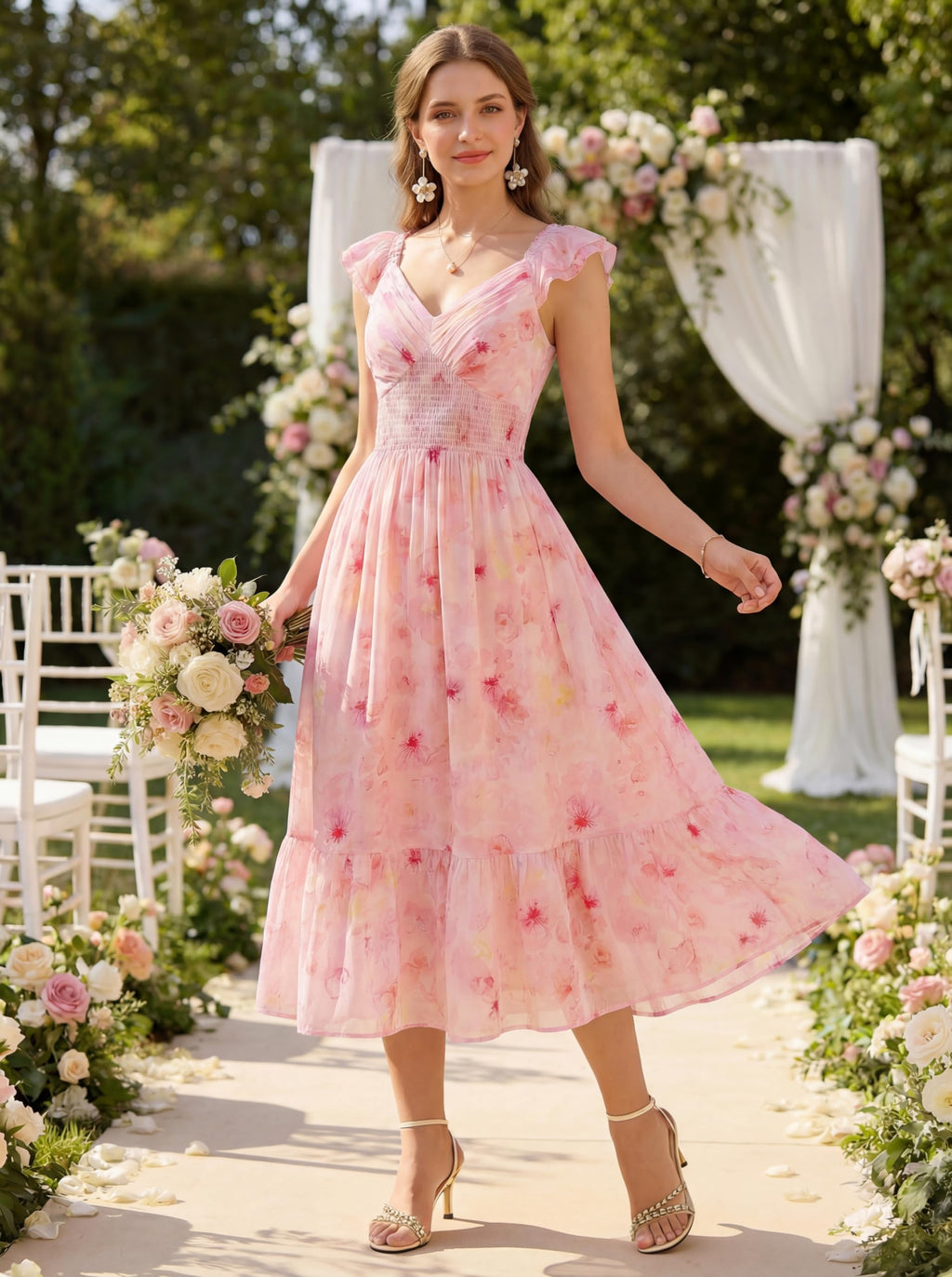 GRACE KARIN Women's Summer Floral Maxi Dress 2026 Ruffle Sleeve Smocked Sundress Flowy Wedding Guest Long Dresses Orange Floral L