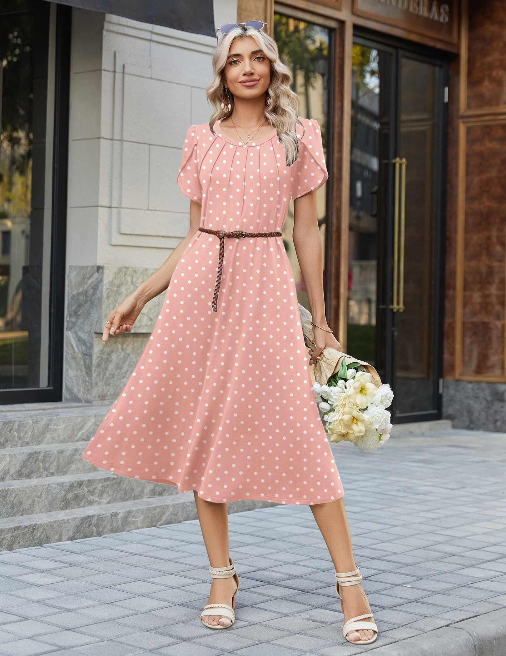Zeagoo Polka Dot Dress for Women Midi Summer Dresses 2026 Short Sleeve Dress Casual Pleated Long Dresses Pleated Sundress, Pink Dot L