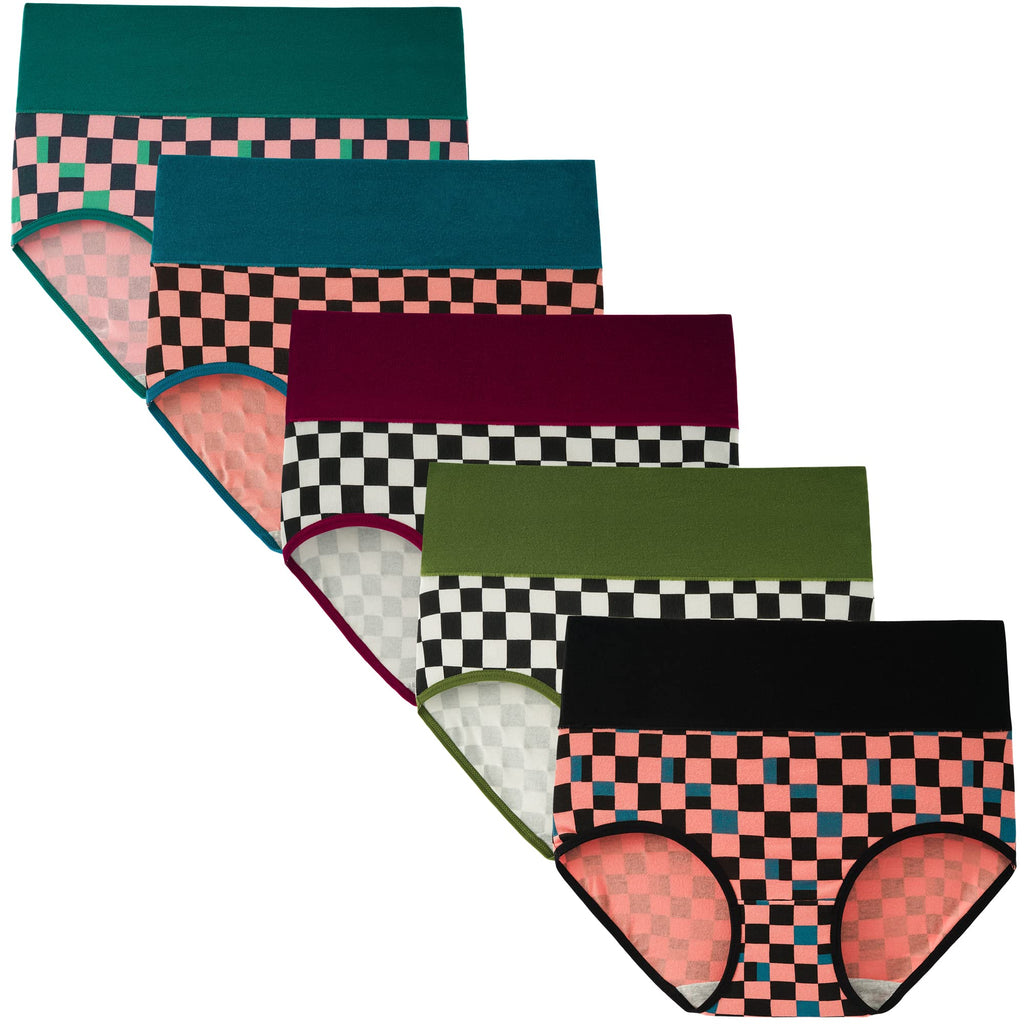 INNERSY Women's High Waisted Underwear Cotton Panties Regular & Plus Size 5-Pack(Chessboard,3X-Large)
