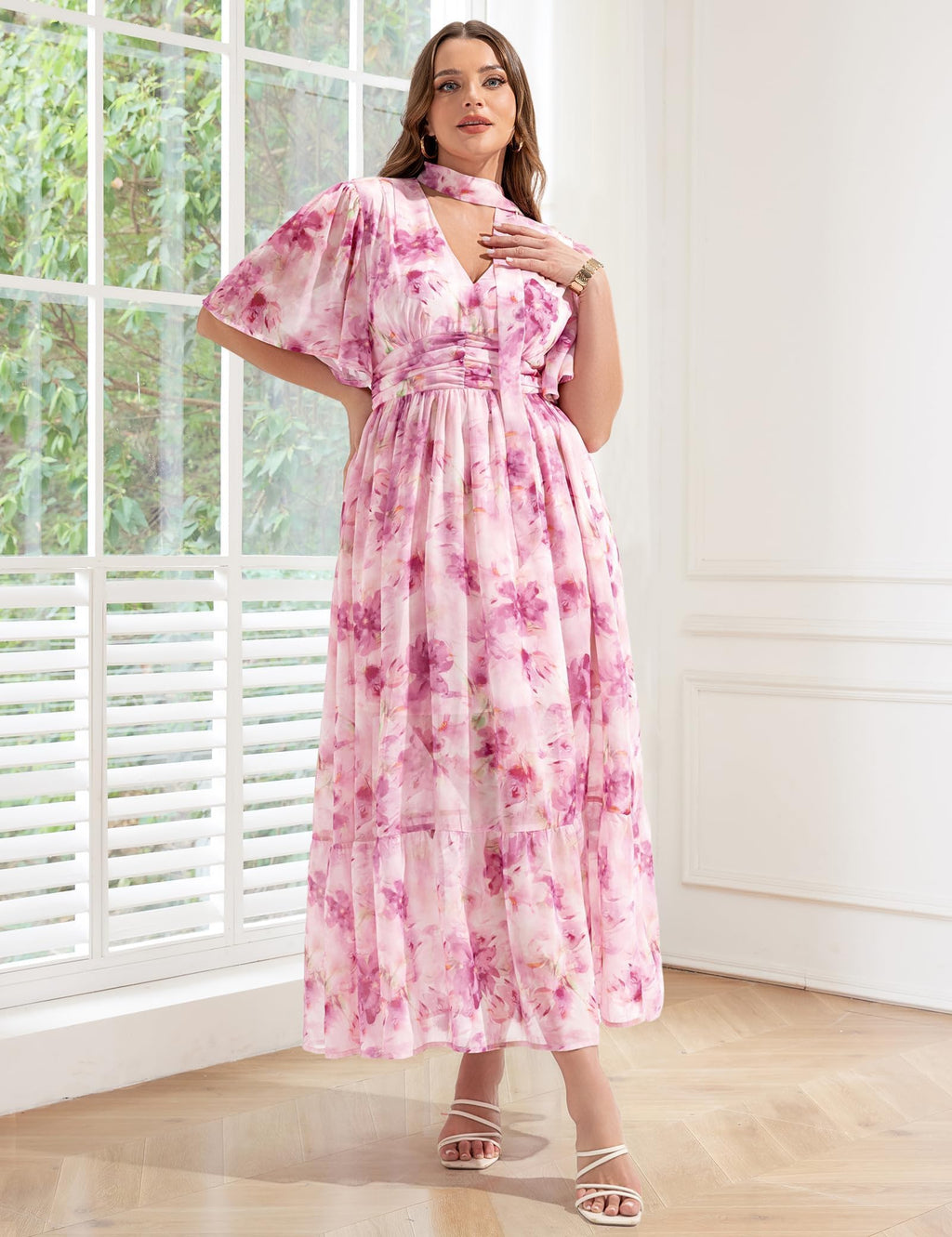 EYWOL Plus Size Wedding Guest Dress - Chiffon Floral Maxi Dress with Flutter Sleeves, Tea Party Dresses for Woman, V Neck High Waist Summer Dresses Pink