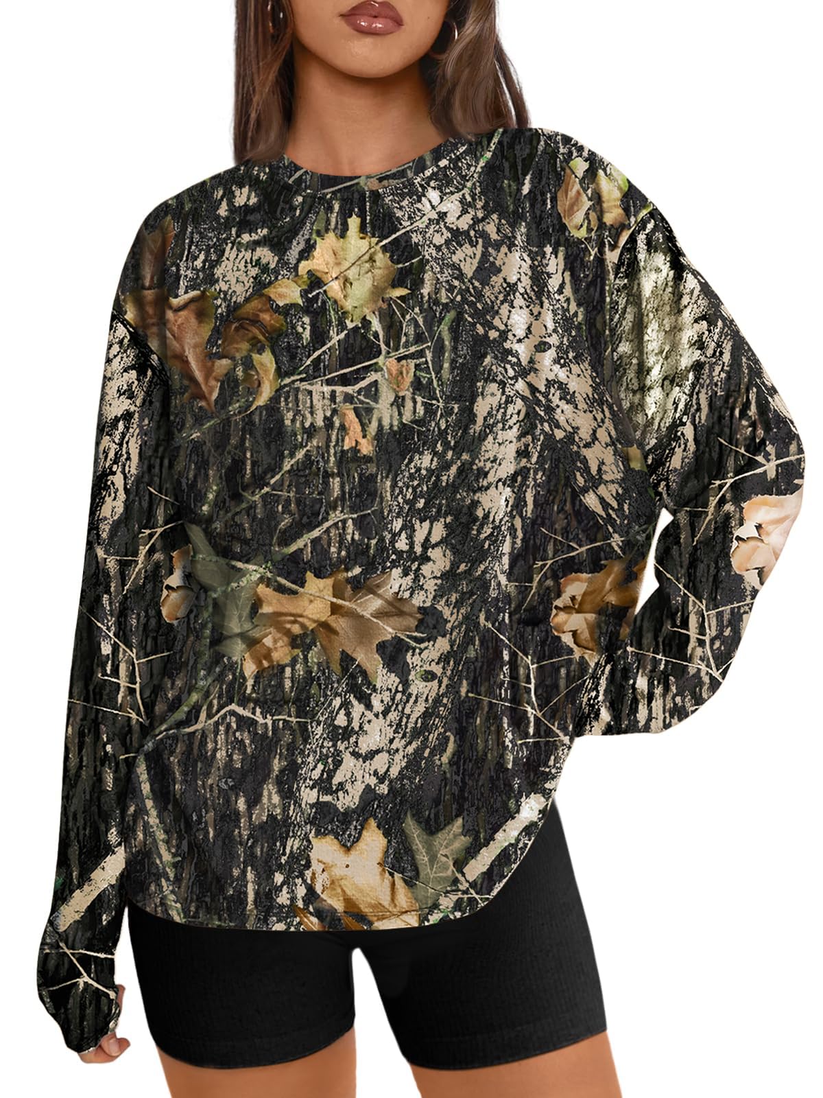 Trendy Queen Womens Spring Tops Oversized Long Sleeve T Shirts 2026 Basic Tee Fall Casual Workout Y2K Clothes CamoBlack M