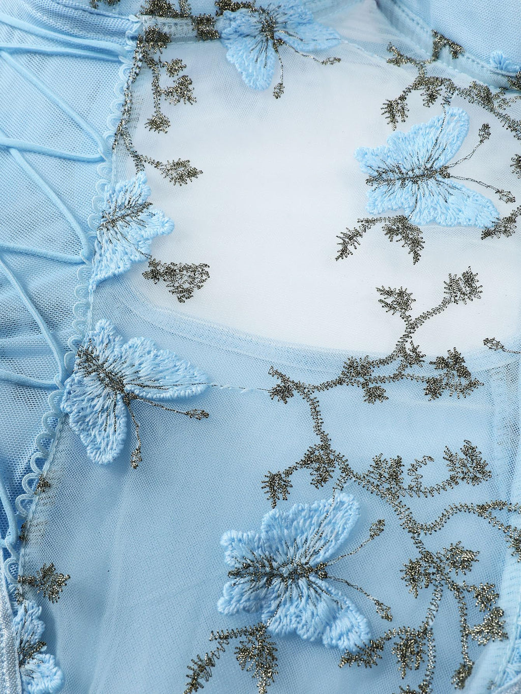 Lilosy Women Sexy Lace Up Floral Embroidered Teddy Babydoll Lingerie Bodysuit Top Mesh Sheer One Piece See Through Butterfly Light Blue Medium