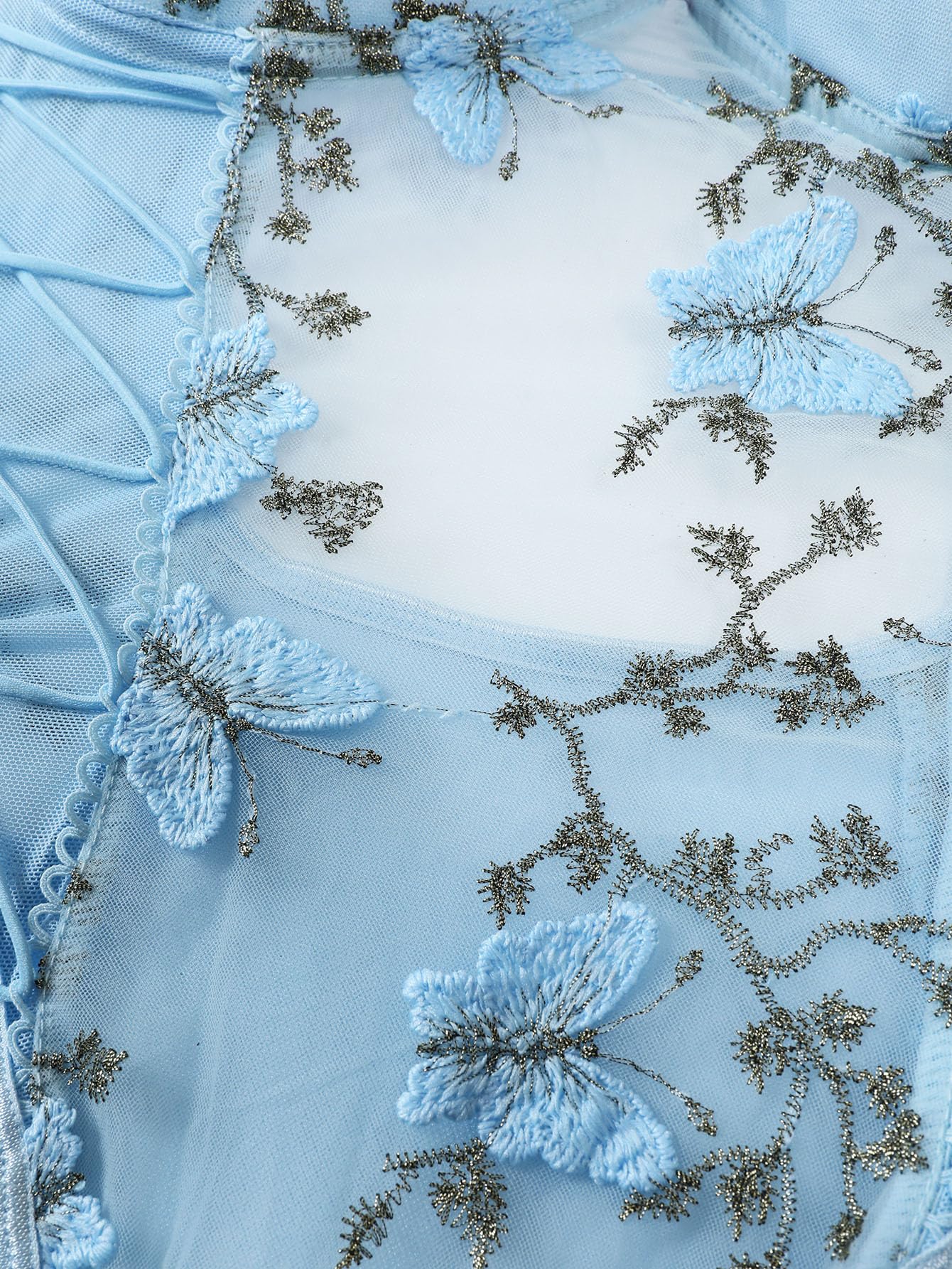 Lilosy Women Sexy Lace Up Floral Embroidered Teddy Babydoll Lingerie Bodysuit Top Mesh Sheer One Piece See Through Butterfly Light Blue Medium