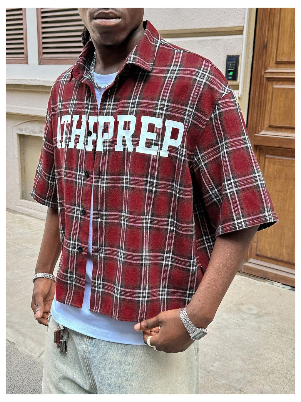 GORGLITTER Men's Y2K Cropped Shirt Button Up Plaid Jersey Graphic Short Sleeve Collared Boxy Cool Streetwear Crop Tops Red Small