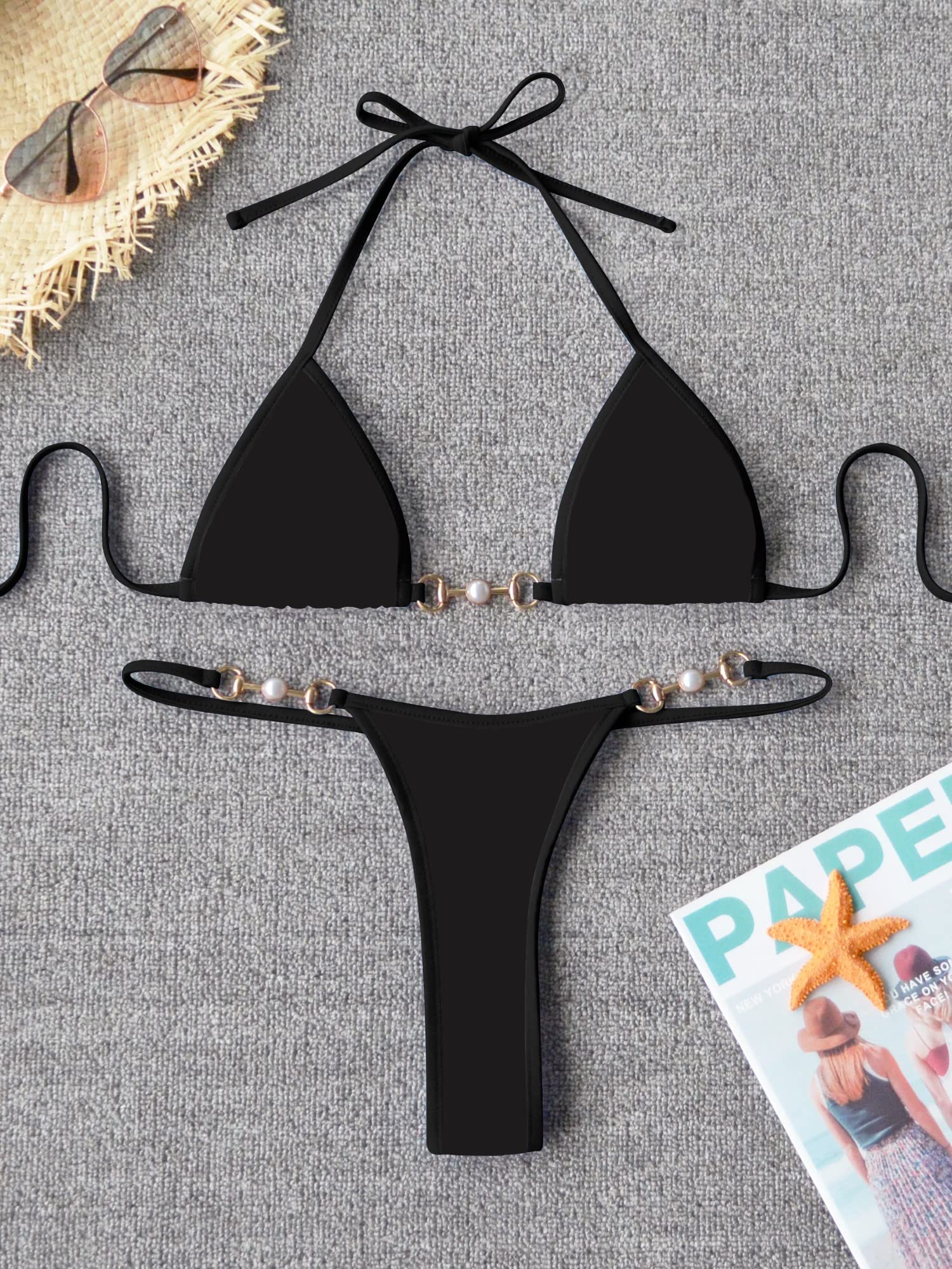 TASHEHE Women's Triangle Thong Bikini Set Sexy Brazillian Two Piece Swimsuit String Bathing Suit - Solid Black - Small