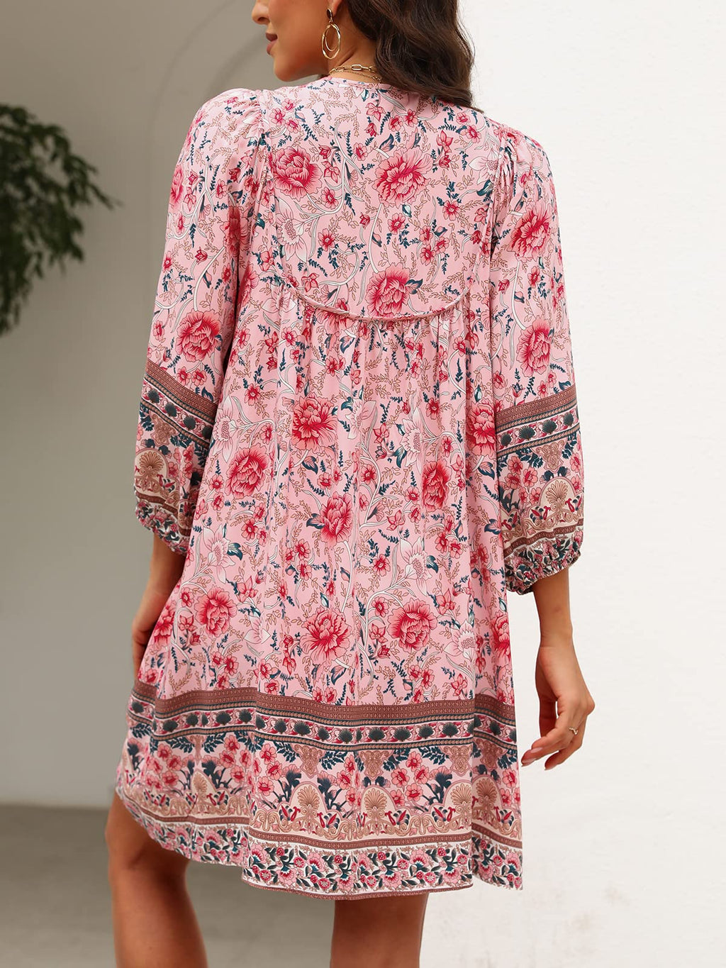 Qearal Boho Dress for Women Summer Casual Cute V Neck 3/4 Sleeve Mini Dress Pink XL