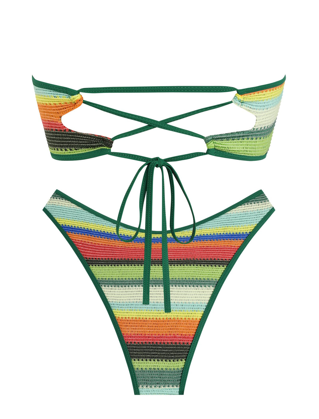 ZAFUL Women's Bandeau Bikini V Strapless Confetti Colorblock Tie Back High Cut Two Piece Swimsuit Bathing Suits (1-Dark Green, M)
